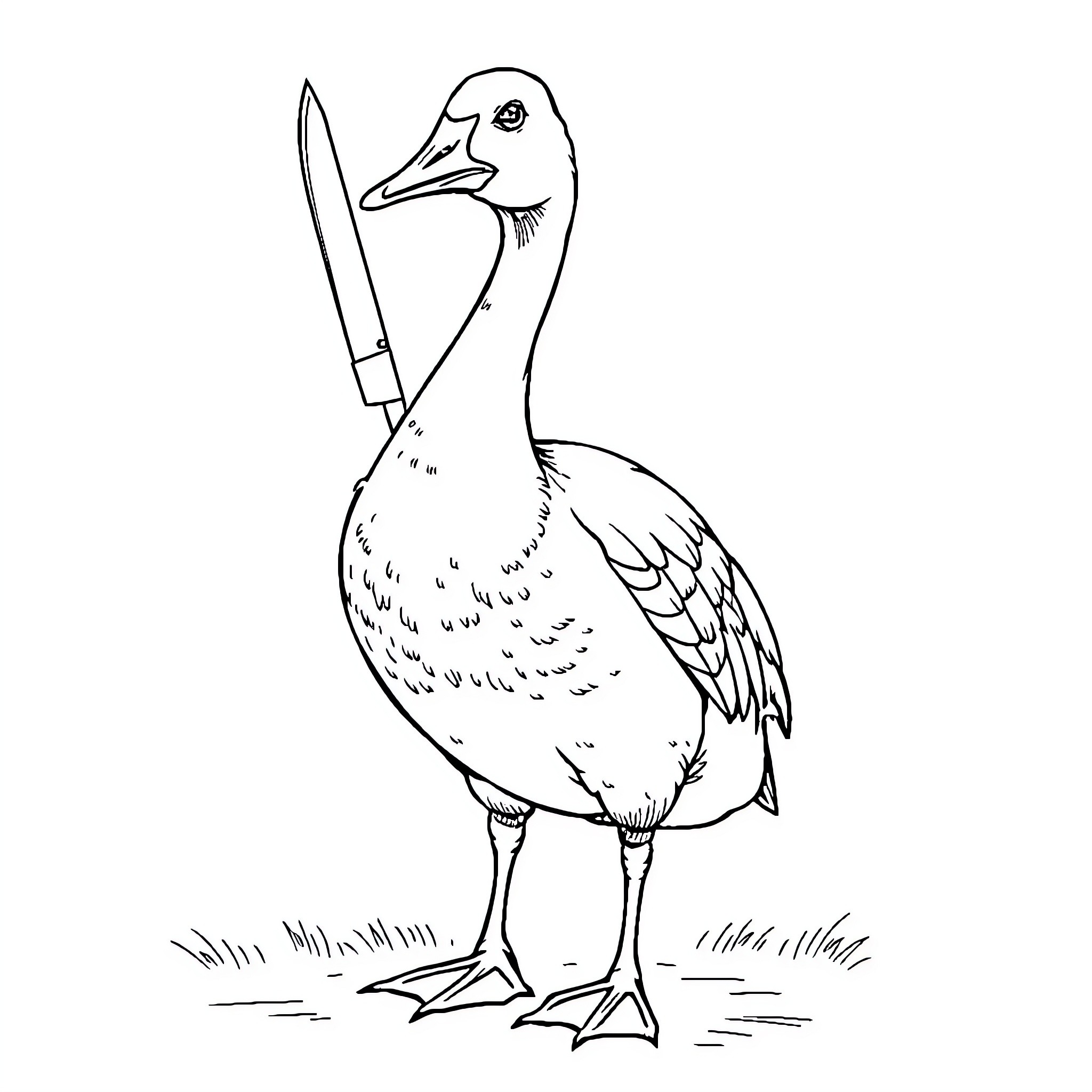 Goose with a sword standing on grass Coloring Page (free black-and-white line drawing printable PDF for all, from beginners to advanced learners, including children, teens, adults, and seniors)