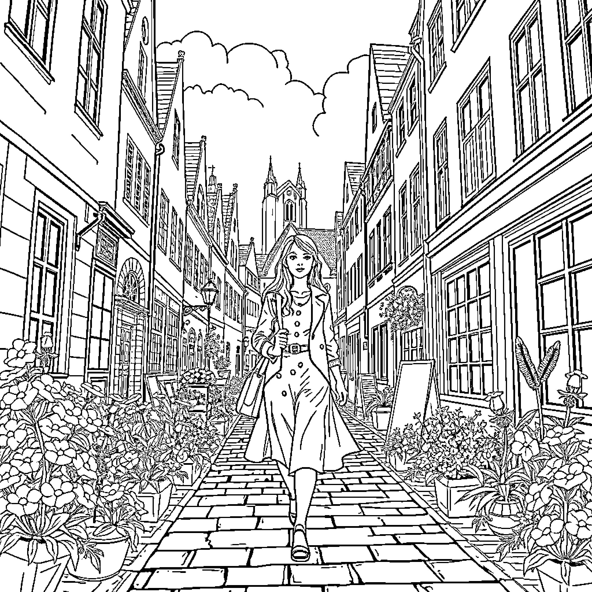 Rosalina's Enchanting Stroll through the Whimsical City Streets Coloring Page (free black-and-white line drawing printable PDF for all, from beginners to advanced learners, including children, teens, adults, and seniors)