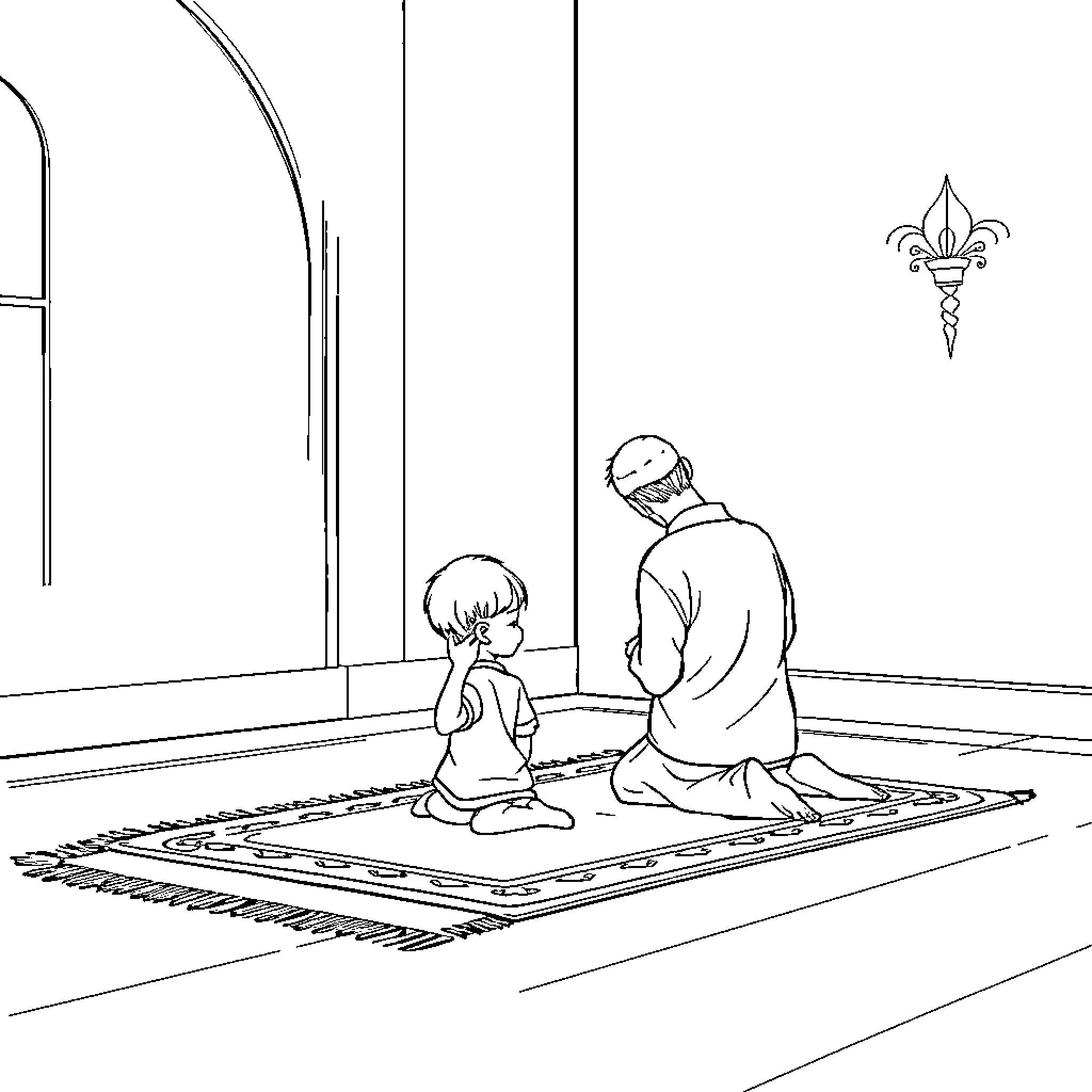 Boy kneeling with elder in prayer at mosque Coloring Page (free black-and-white line drawing printable PDF for all, from beginners to advanced learners, including children, teens, adults, and seniors)