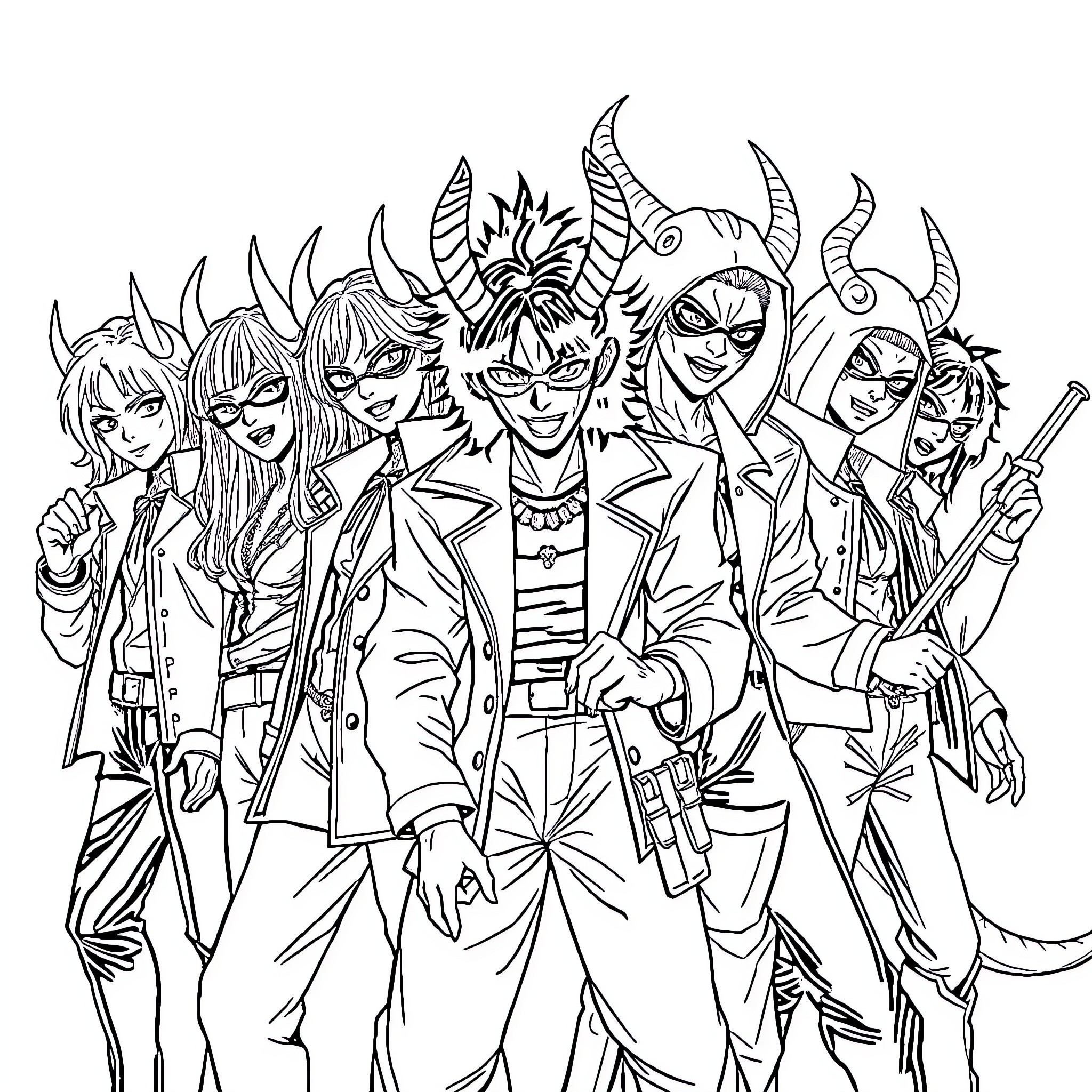 Kpop group members in stylized outfits and poses Coloring Page (free black-and-white line drawing printable PDF for all, from beginners to advanced learners, including children, teens, adults, and seniors)