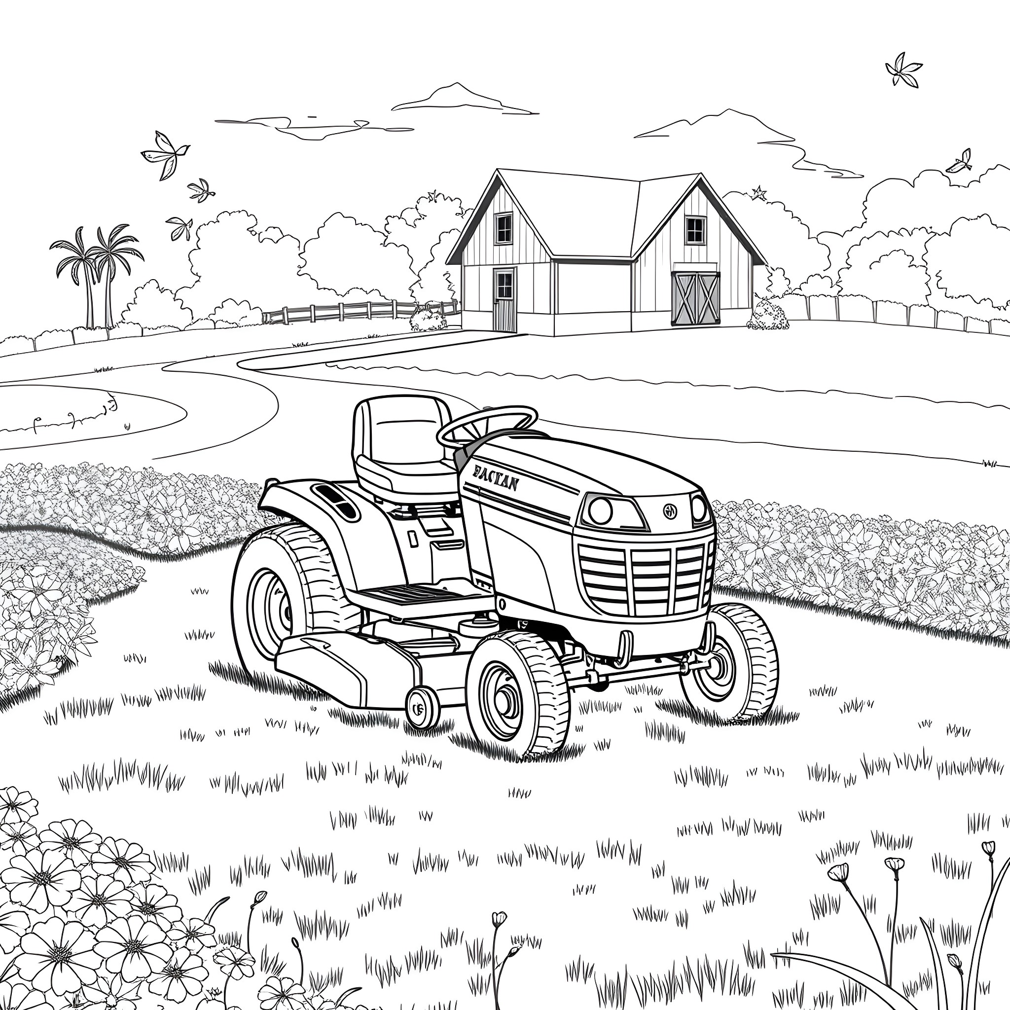 Riding Mower Mowing Grassy Field Near Farmhouse Coloring Page (free black-and-white line drawing printable PDF for all, from beginners to advanced learners, including children, teens, adults, and seniors)