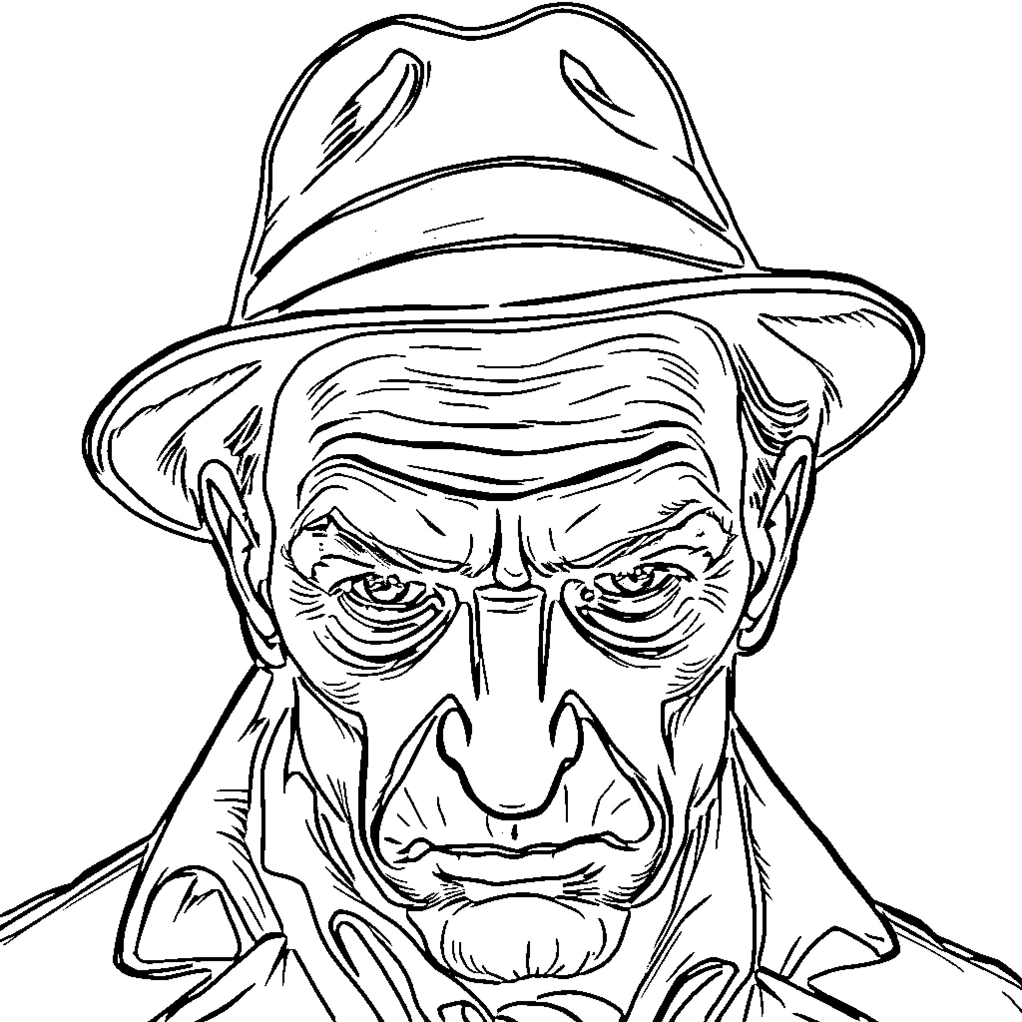 Detective Investigating a Mysterious Suspect Coloring Page (free black-and-white line drawing printable PDF for all, from beginners to advanced learners, including children, teens, adults, and seniors)