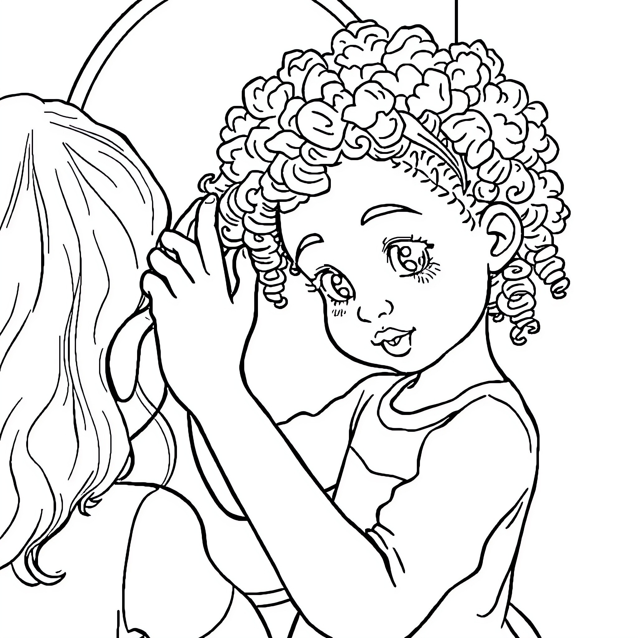 Girl with Curly Hair Brushing Her Hair Coloring Page (free black-and-white line drawing printable PDF for all, from beginners to advanced learners, including children, teens, adults, and seniors)