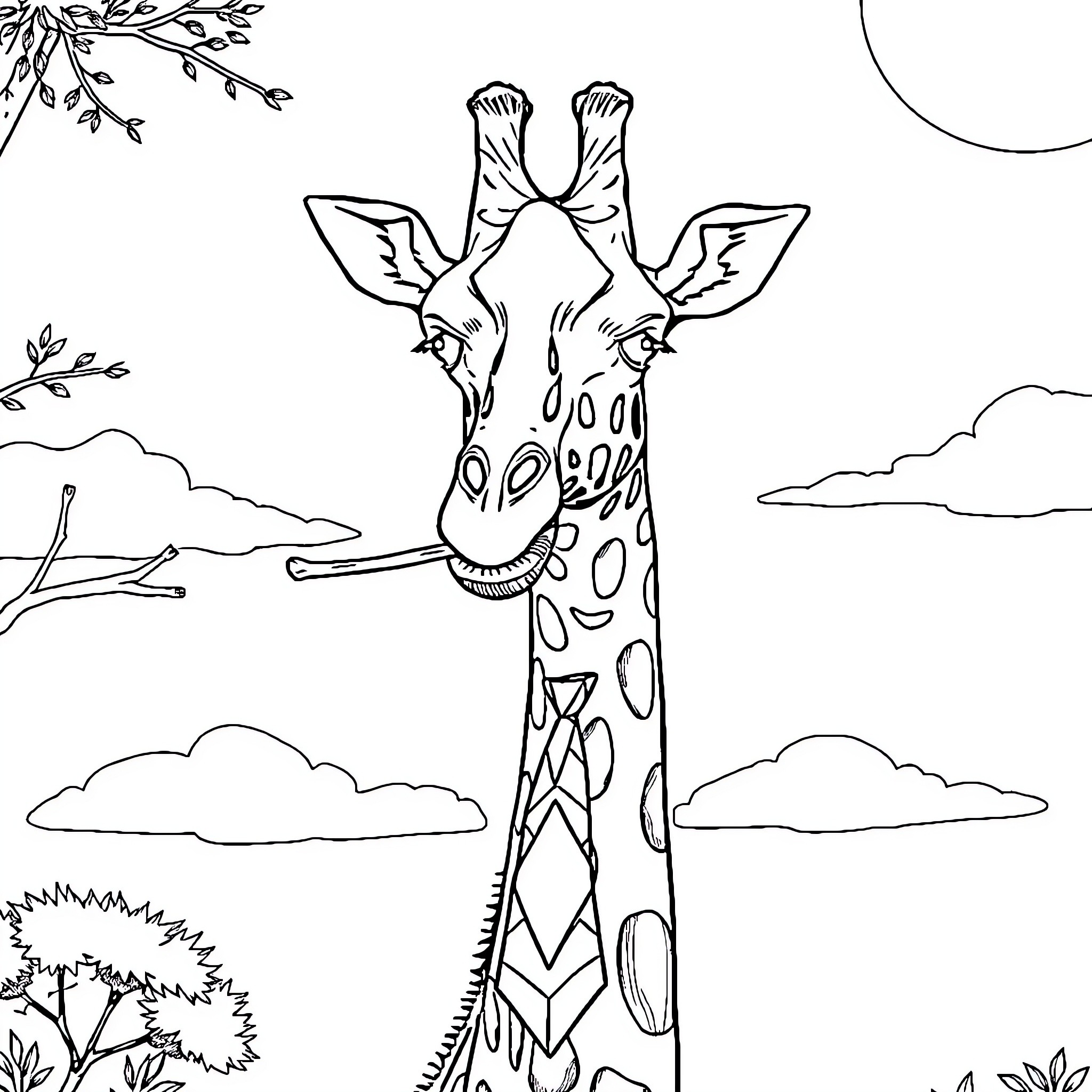 Giraffe reaching for leaves in the sky Coloring Page (free black-and-white line drawing printable PDF for all, from beginners to advanced learners, including children, teens, adults, and seniors)