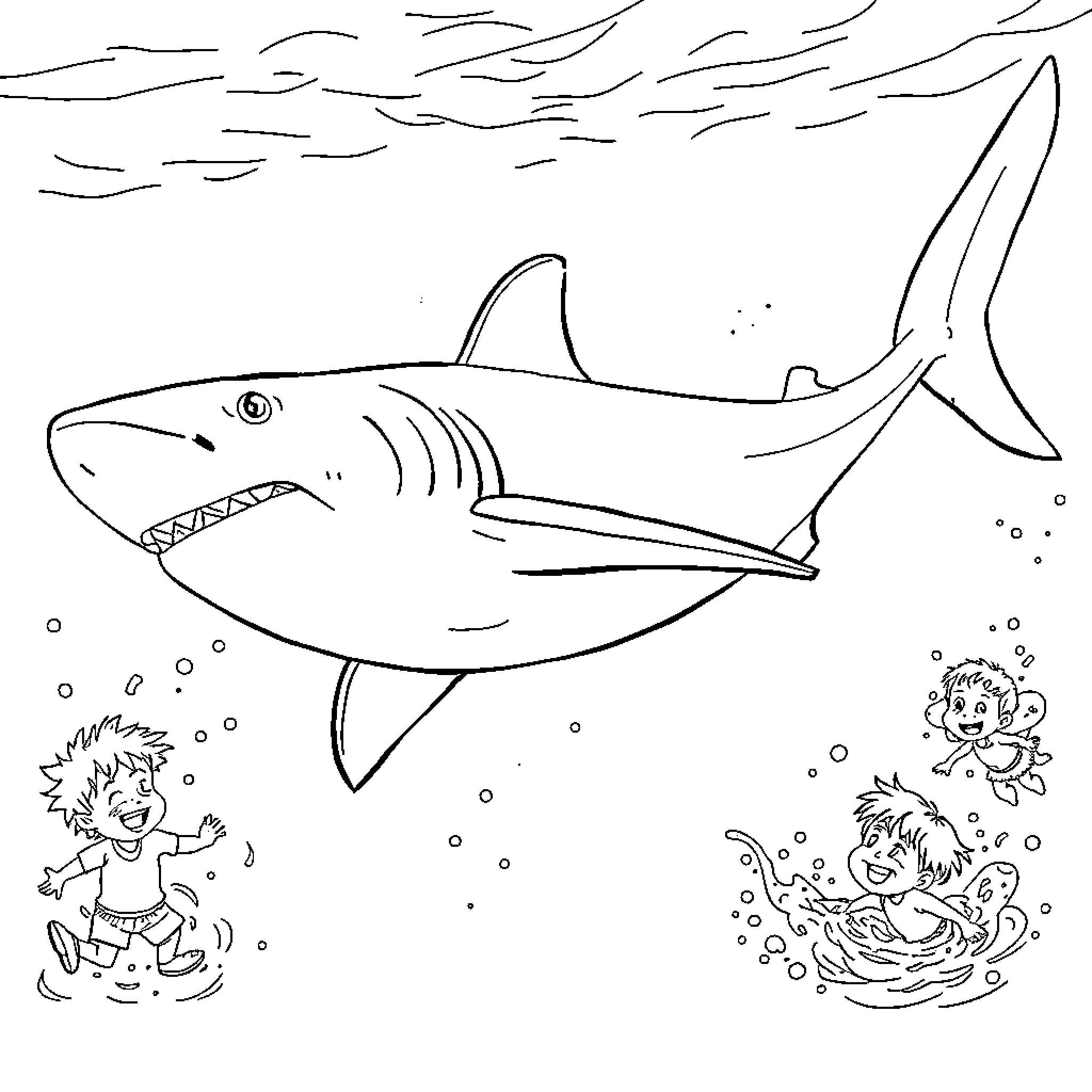 Shark hunting playfully in the ocean Coloring Page (free black-and-white line drawing printable PDF for all, from beginners to advanced learners, including children, teens, adults, and seniors)
