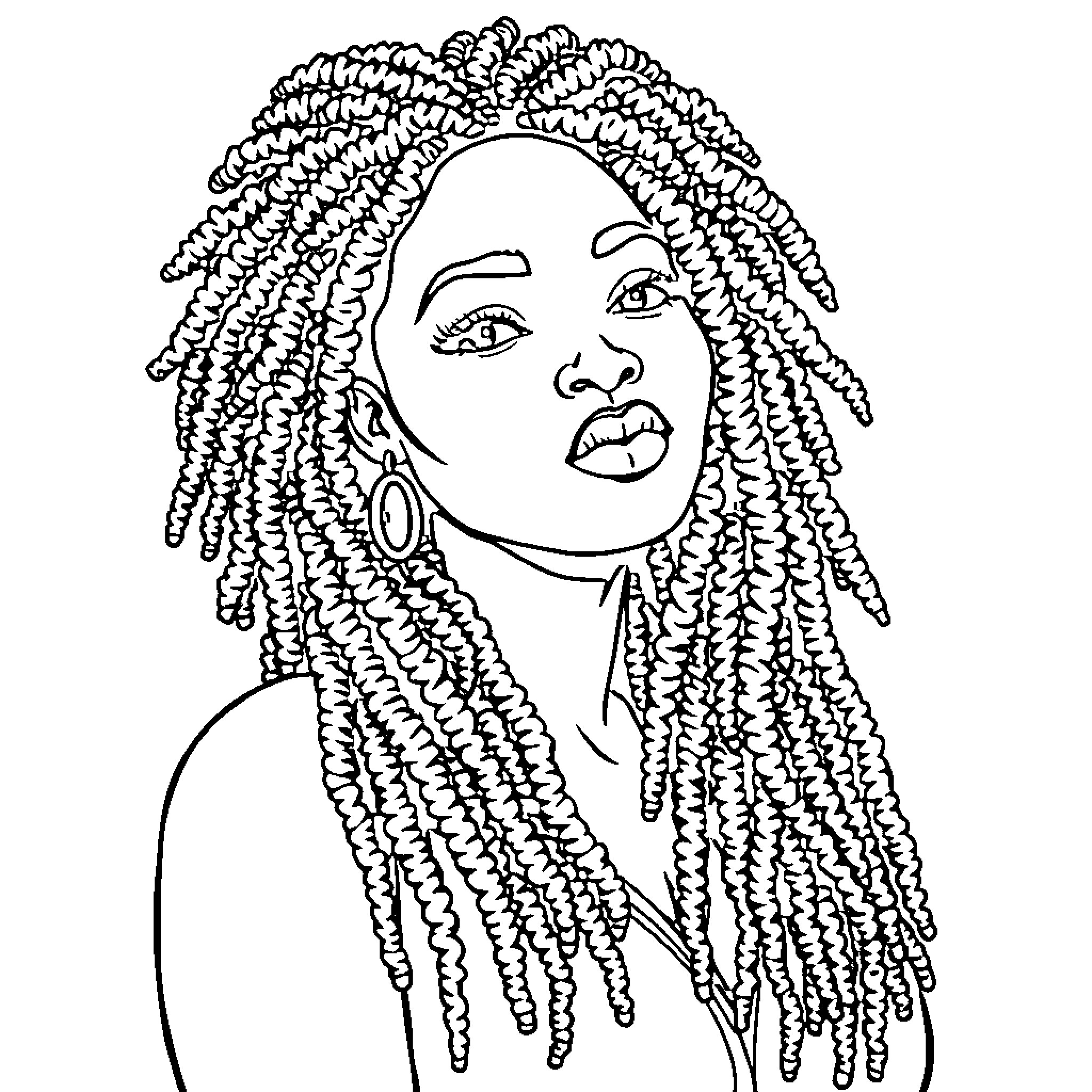 Woman with Elaborate Hairstyle Coloring Page (free black-and-white line drawing printable PDF for all, from beginners to advanced learners, including children, teens, adults, and seniors)