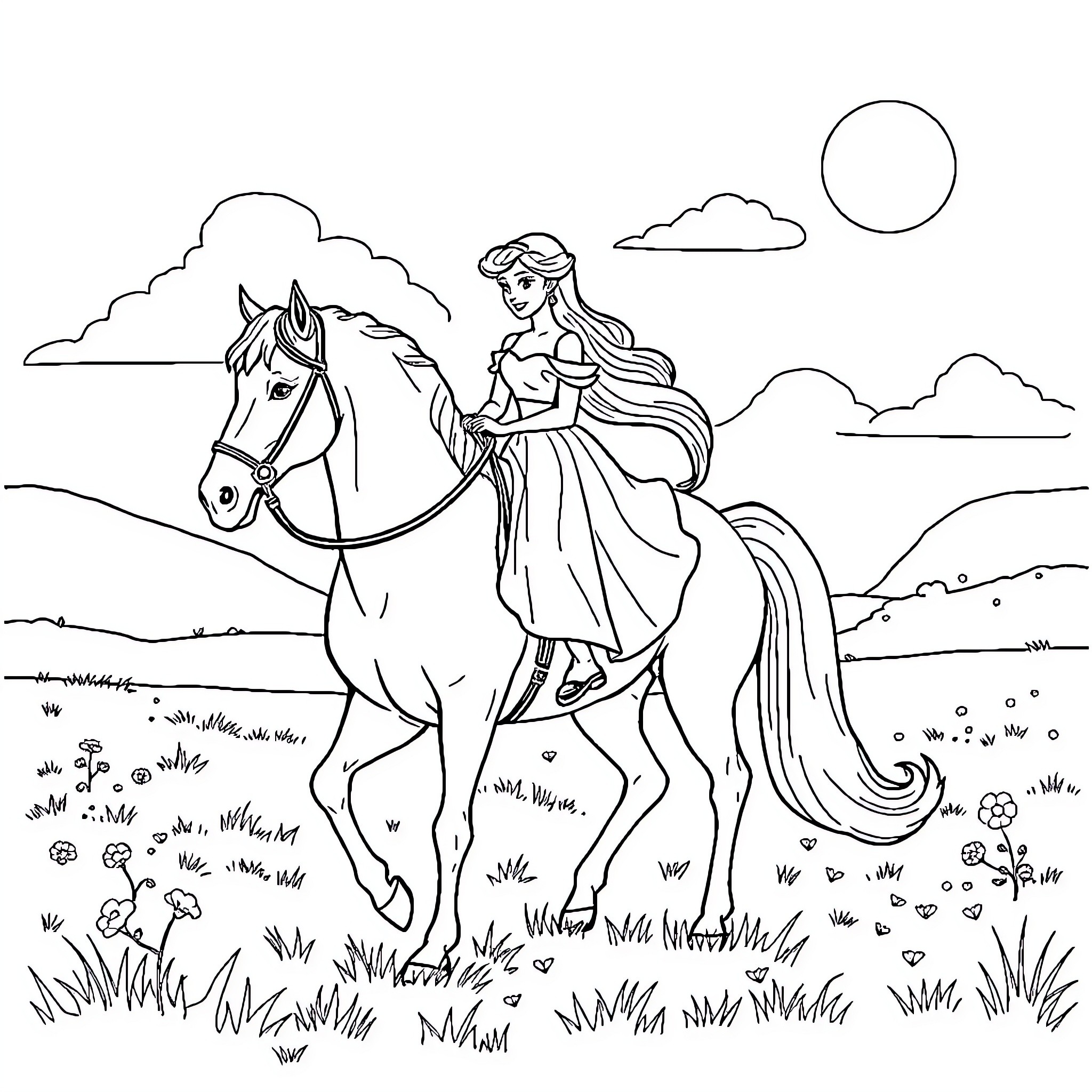 Belle riding her horse through the countryside Coloring Page (free black-and-white line drawing printable PDF for all, from beginners to advanced learners, including children, teens, adults, and seniors)
