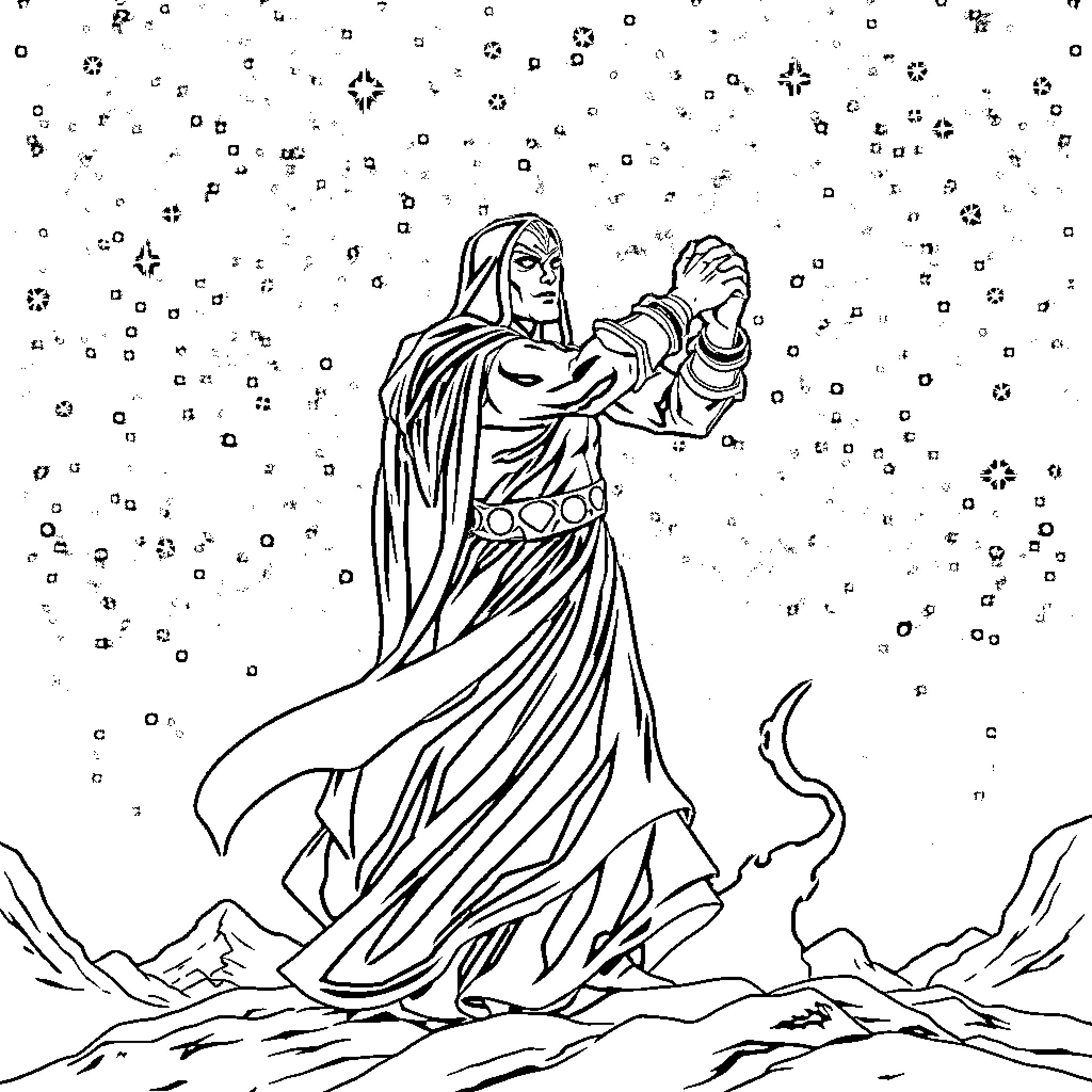 Darkseid standing amidst the cosmic void Coloring Page (free black-and-white line drawing printable PDF for all, from beginners to advanced learners, including children, teens, adults, and seniors)