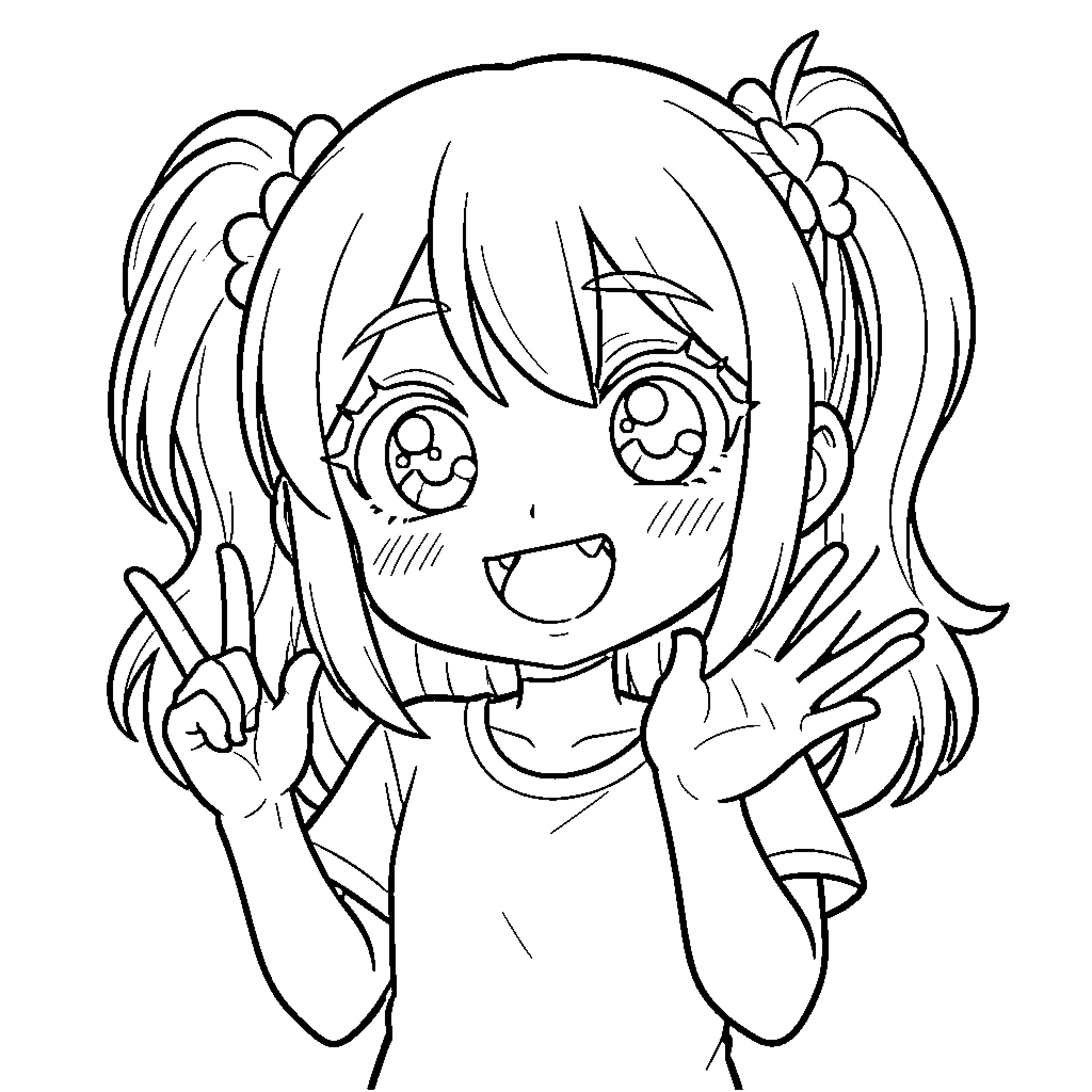 Girl making a happy gesture with her hands Coloring Page (free black-and-white line drawing printable PDF for all, from beginners to advanced learners, including children, teens, adults, and seniors)