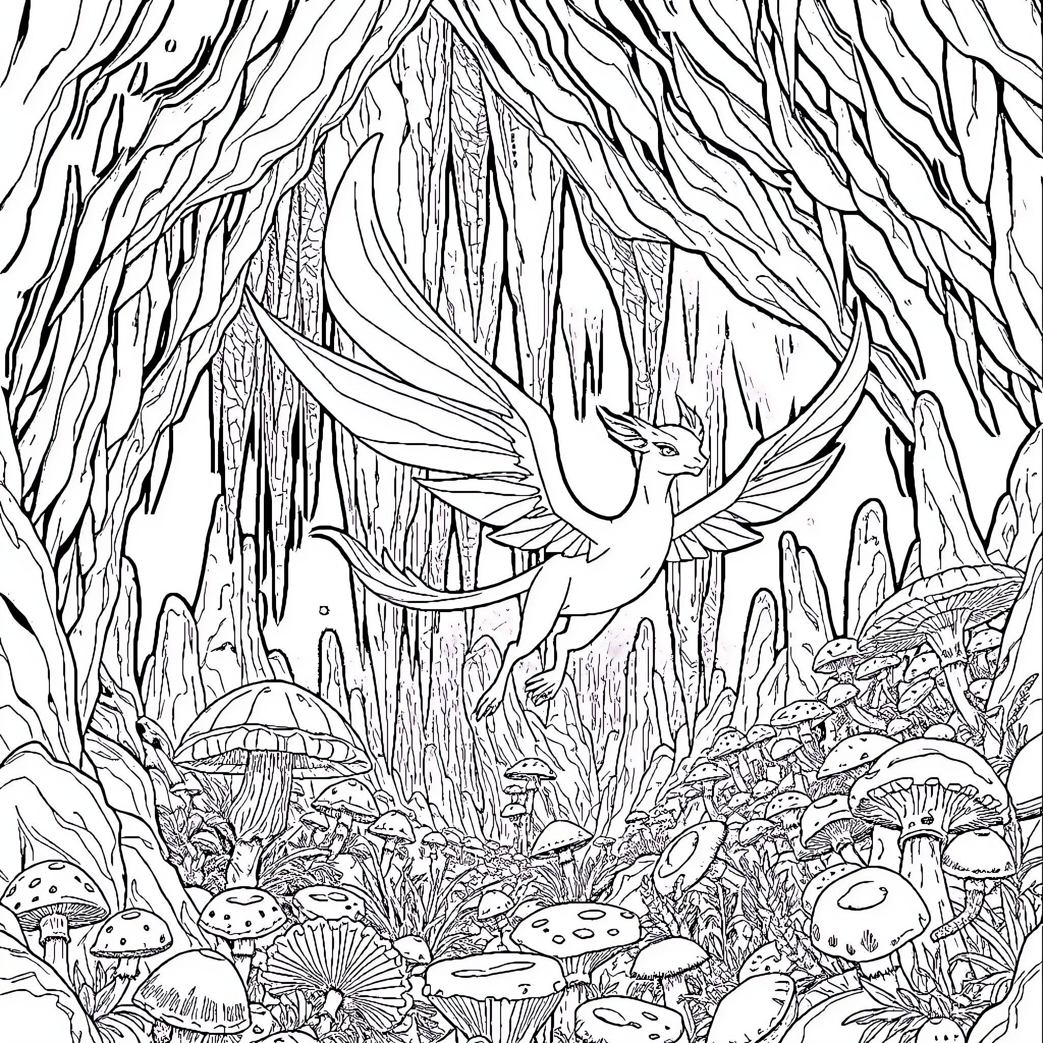 Yi Ling's Enchanting Forest Adventure Coloring Page (free black-and-white line drawing printable PDF for all, from beginners to advanced learners, including children, teens, adults, and seniors)