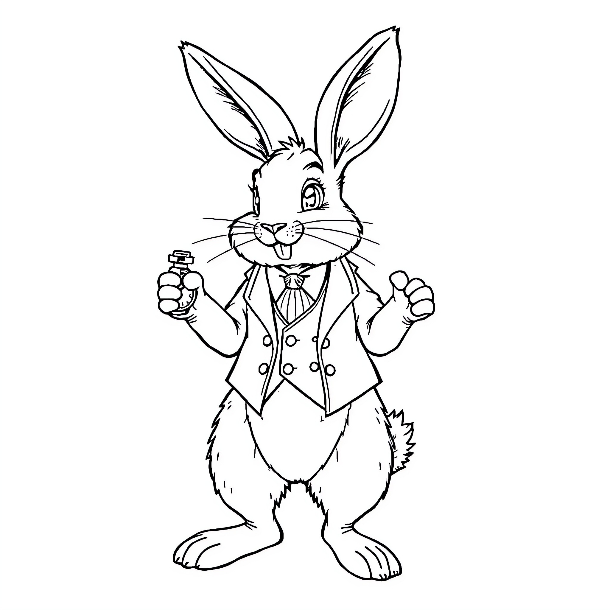 Rabbit in a fancy waistcoat posing confidently Coloring Page (free black-and-white line drawing printable PDF for all, from beginners to advanced learners, including children, teens, adults, and seniors)