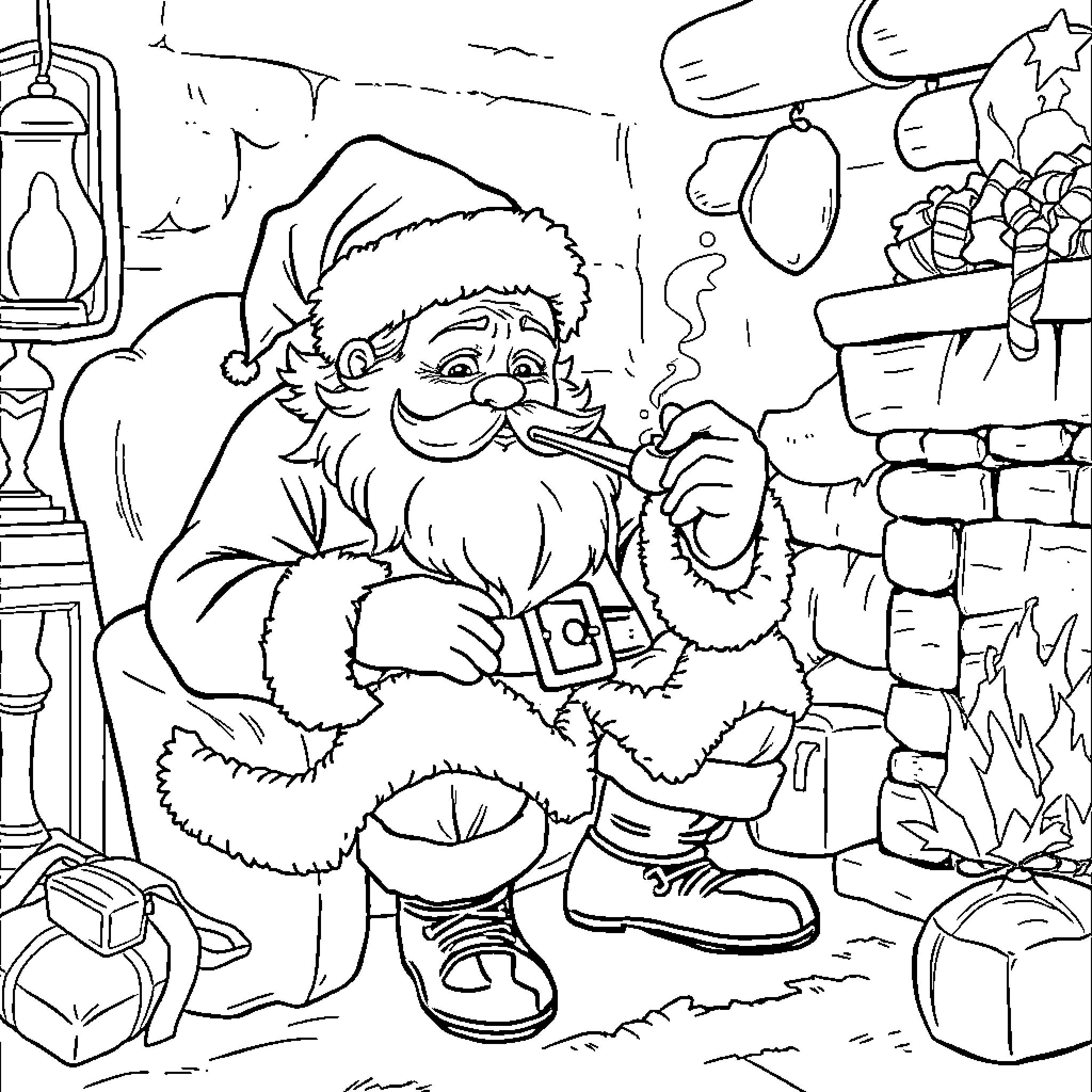 Santa enjoying a warm beverage by the fireplace Coloring Page (free black-and-white line drawing printable PDF for all, from beginners to advanced learners, including children, teens, adults, and seniors)
