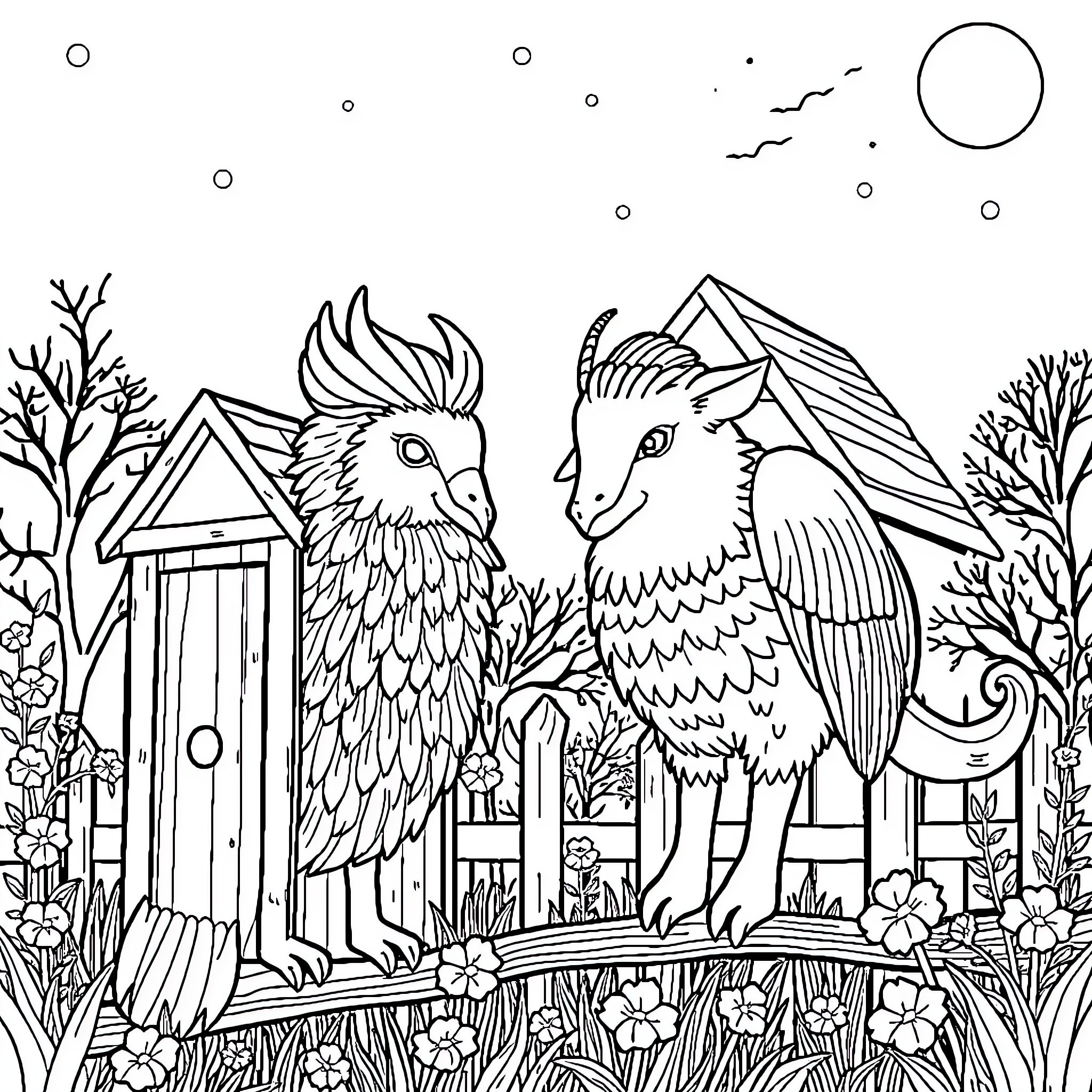 Riders of mythical creatures in enchanted forest Coloring Page (free black-and-white line drawing printable PDF for all, from beginners to advanced learners, including children, teens, adults, and seniors)