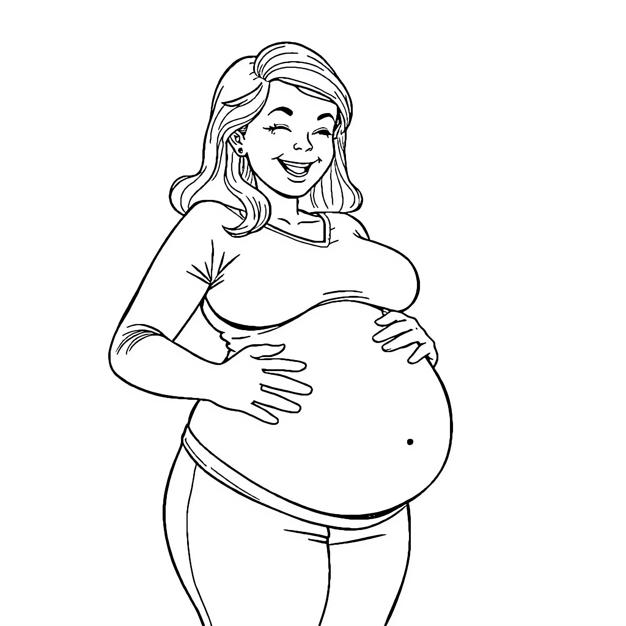 Pregnant Woman Happily Embracing Her Belly Coloring Page (free black-and-white line drawing printable PDF for all, from beginners to advanced learners, including children, teens, adults, and seniors)