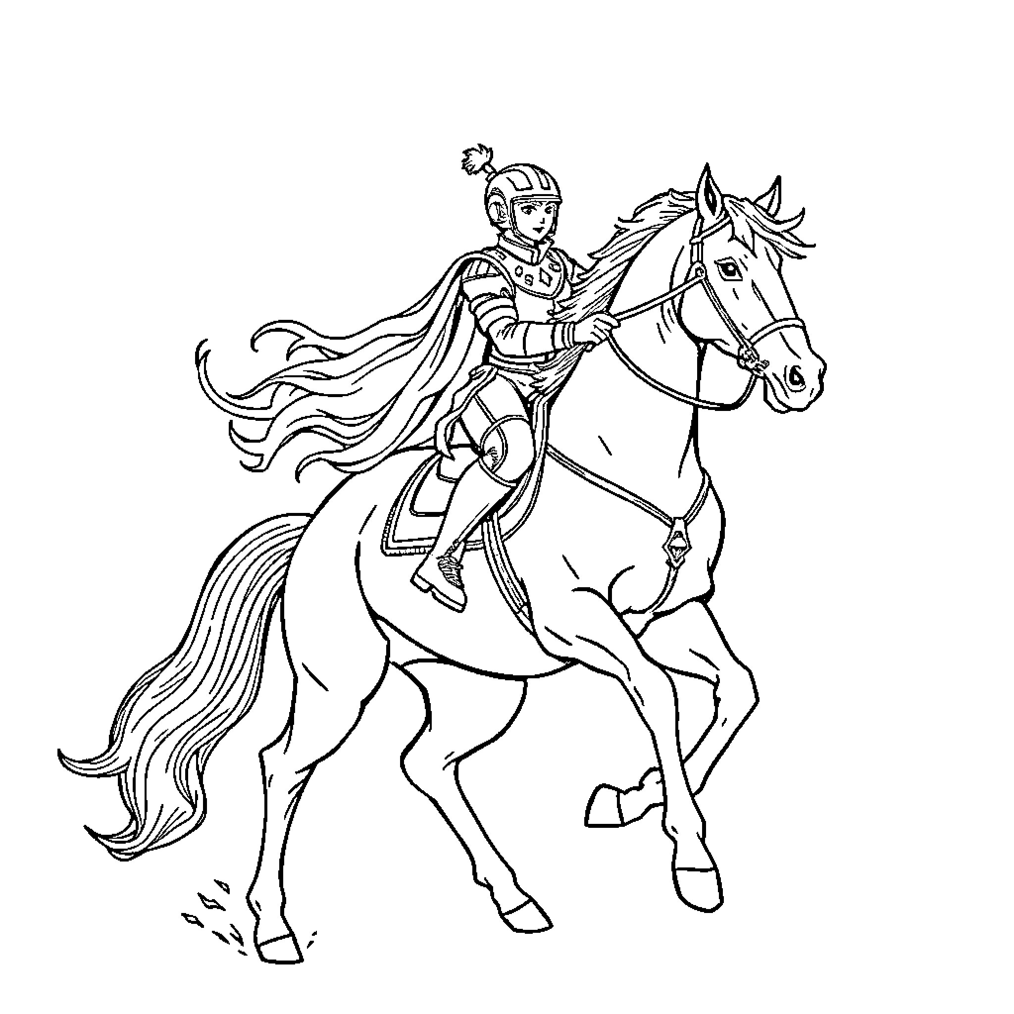 Guerrera Riding Bravely on Horseback Coloring Page (free black-and-white line drawing printable PDF for all, from beginners to advanced learners, including children, teens, adults, and seniors)