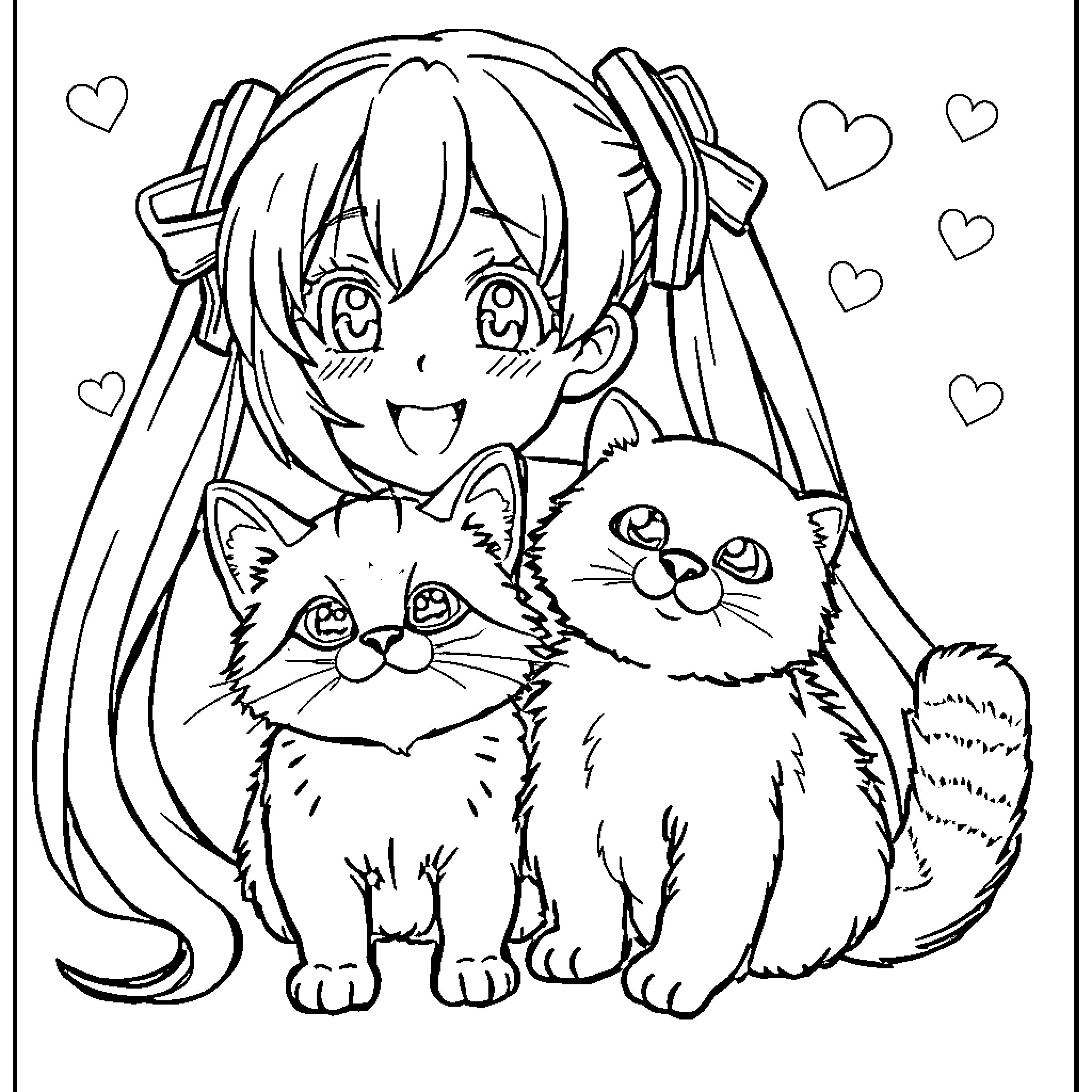 Miku happily hugging cute kittens Coloring Page (free black-and-white line drawing printable PDF for all, from beginners to advanced learners, including children, teens, adults, and seniors)