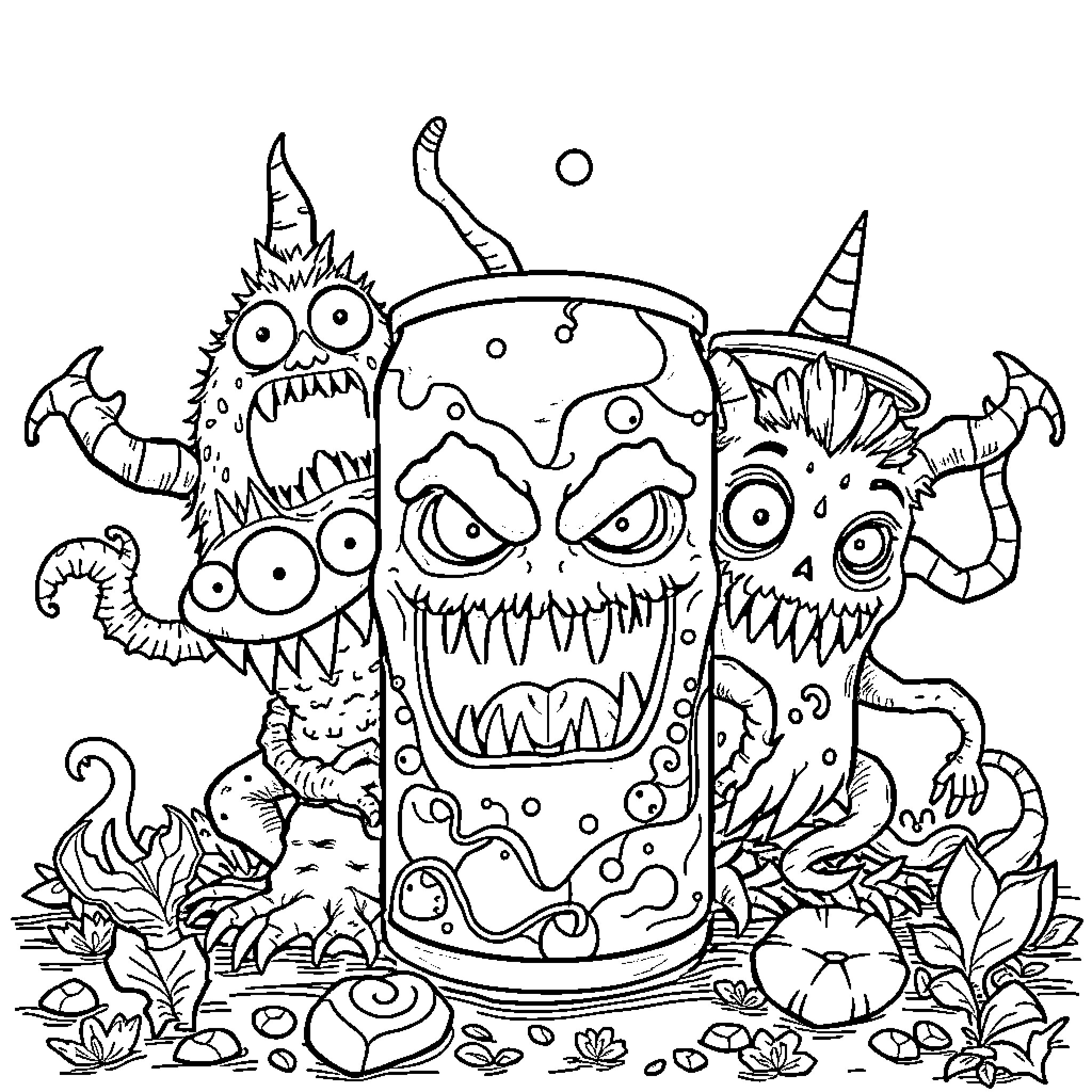 Monster creatures in a strange, fantastical scene Coloring Page (free black-and-white line drawing printable PDF for all, from beginners to advanced learners, including children, teens, adults, and seniors)