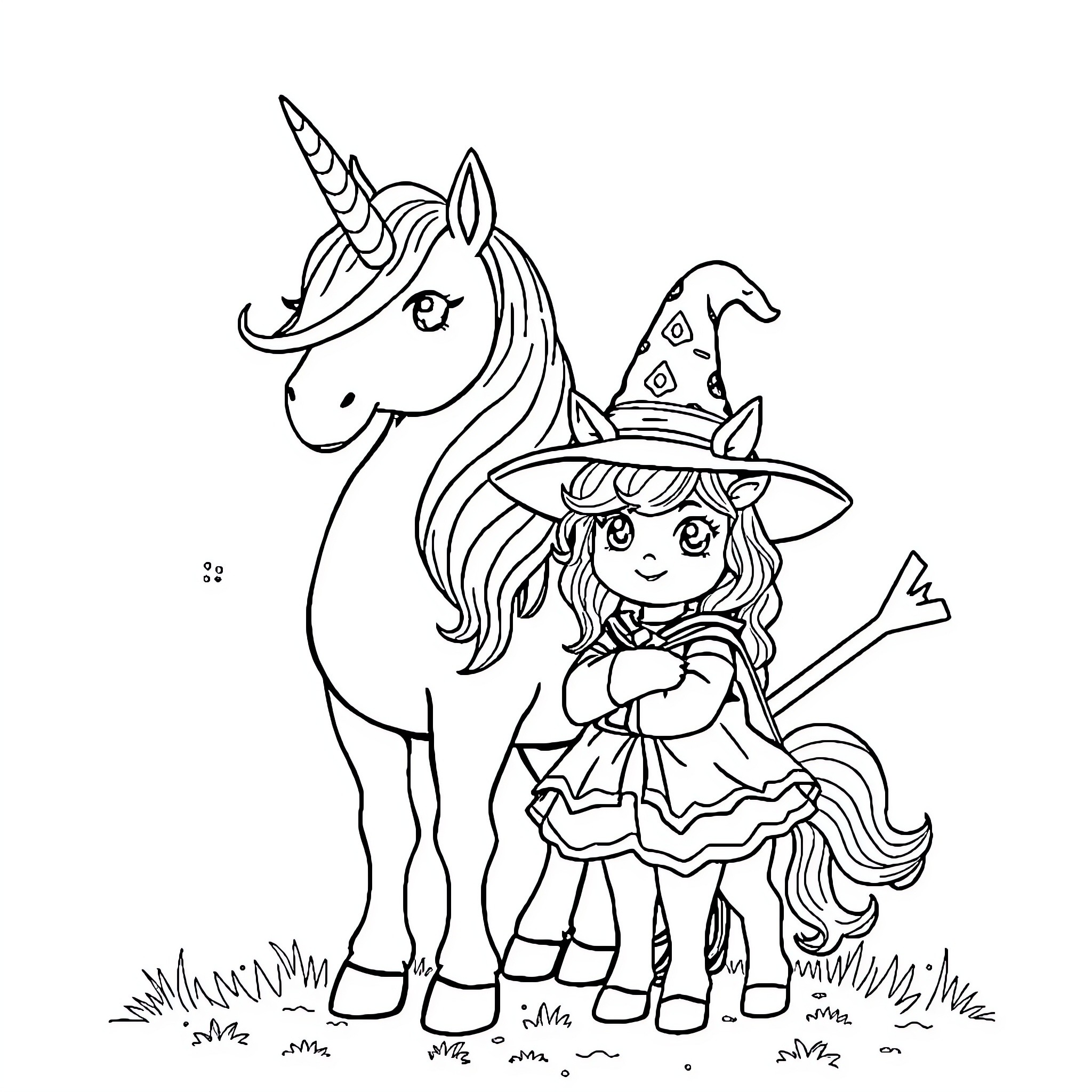 Unicorn and Witch Girl in Magical Meadow Coloring Page (free black-and-white line drawing printable PDF for all, from beginners to advanced learners, including children, teens, adults, and seniors)