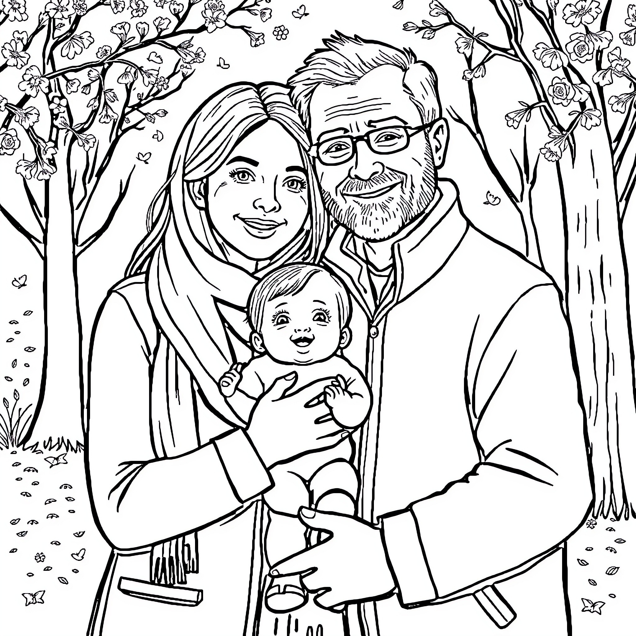 Mama's Loving Family in Springtime Bliss Coloring Page (free black-and-white line drawing printable PDF for all, from beginners to advanced learners, including children, teens, adults, and seniors)