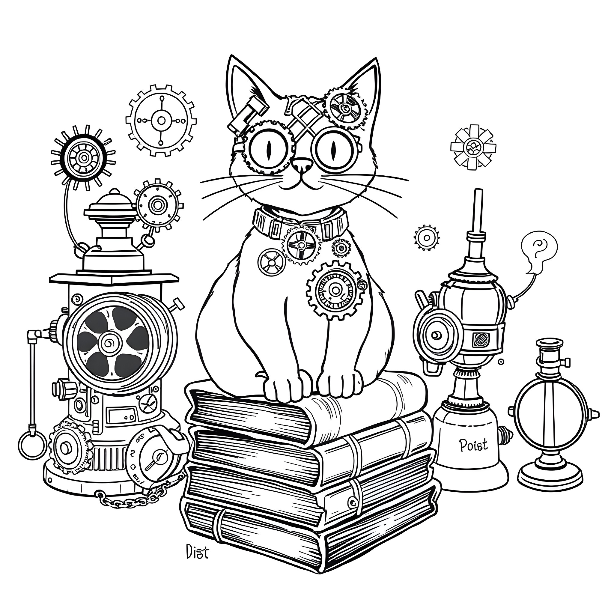 Cat surrounded by mechanical and scientific objects Coloring Page (free black-and-white line drawing printable PDF for all, from beginners to advanced learners, including children, teens, adults, and seniors)