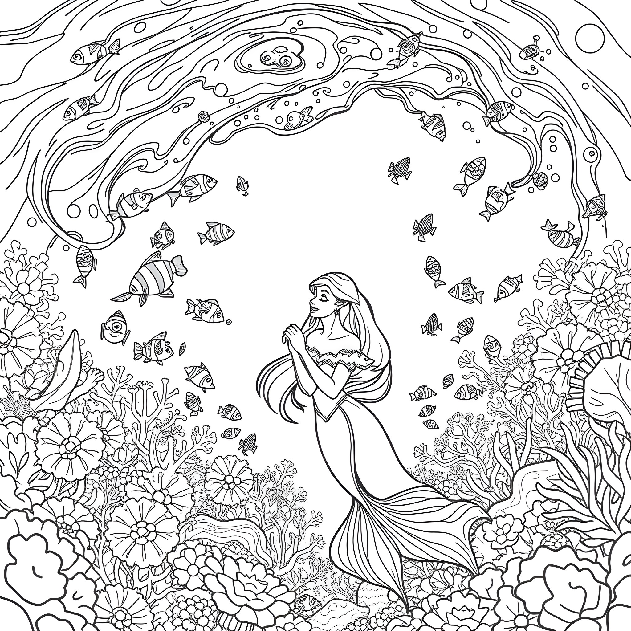 Ariel exploring the underwater world with marine life Coloring Page (free black-and-white line drawing printable PDF for all, from beginners to advanced learners, including children, teens, adults, and seniors)