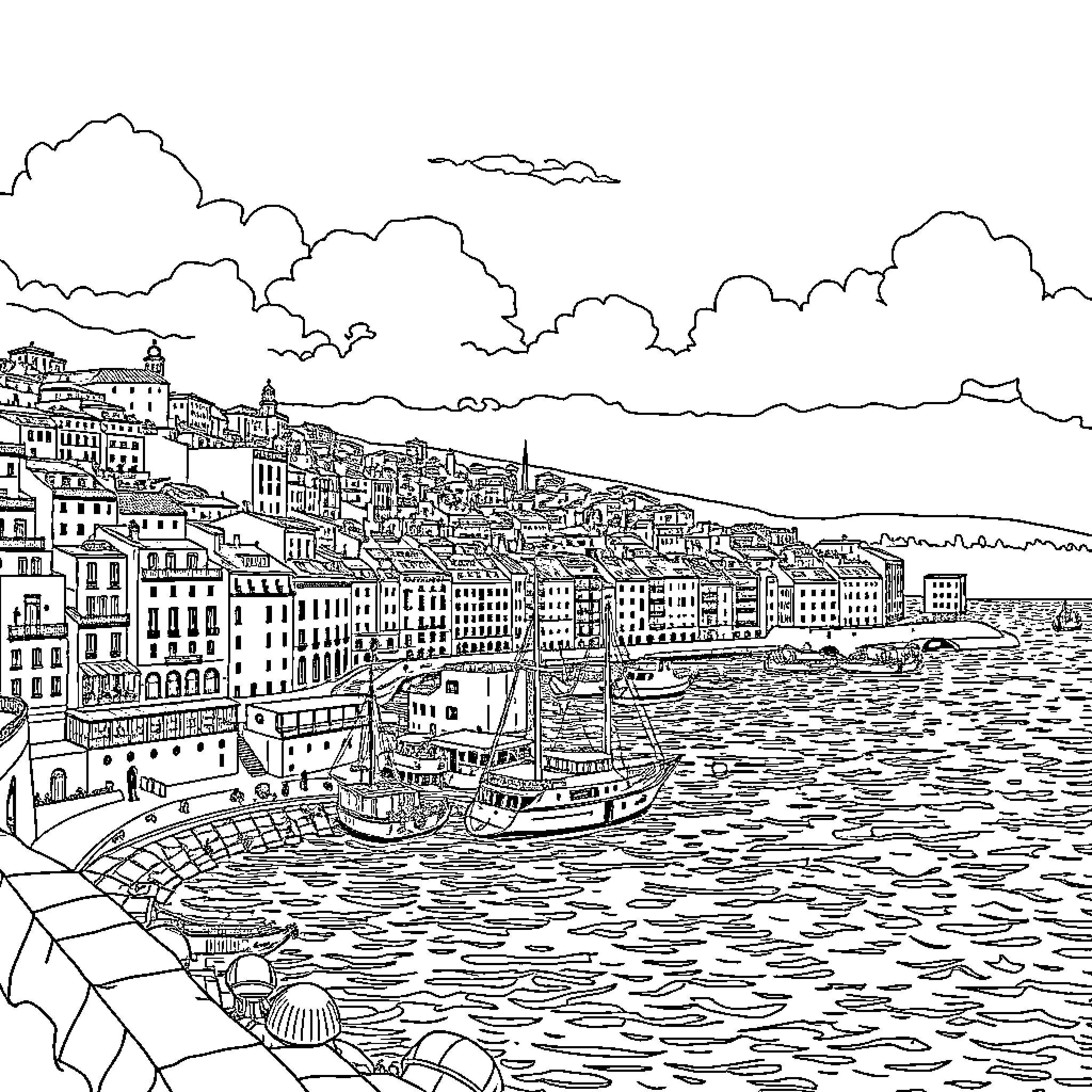 Marseille scenic coastal town with buildings and boats Coloring Page (free black-and-white line drawing printable PDF for all, from beginners to advanced learners, including children, teens, adults, and seniors)