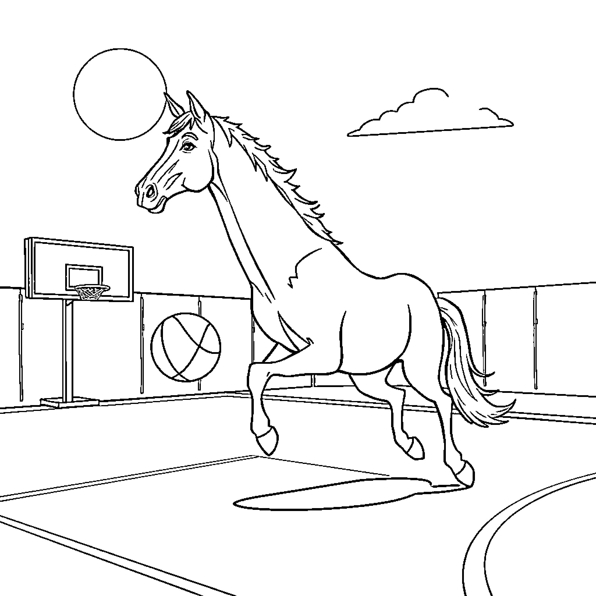 Horse running in basketball court Coloring Page (free black-and-white line drawing printable PDF for all, from beginners to advanced learners, including children, teens, adults, and seniors)