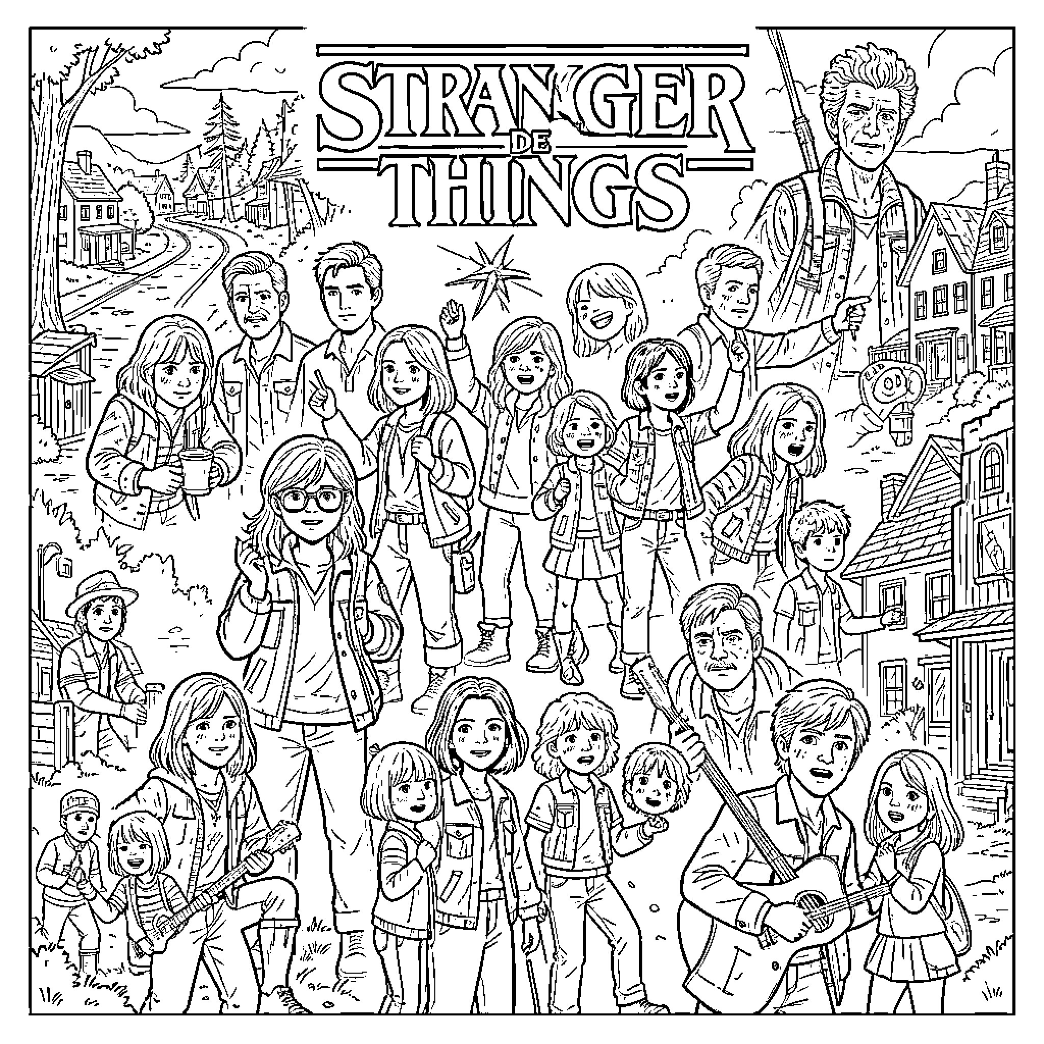 Stranger Things Characters in Various Outfits and Expressions Coloring Page (free black-and-white line drawing printable PDF for all, from beginners to advanced learners, including children, teens, adults, and seniors)