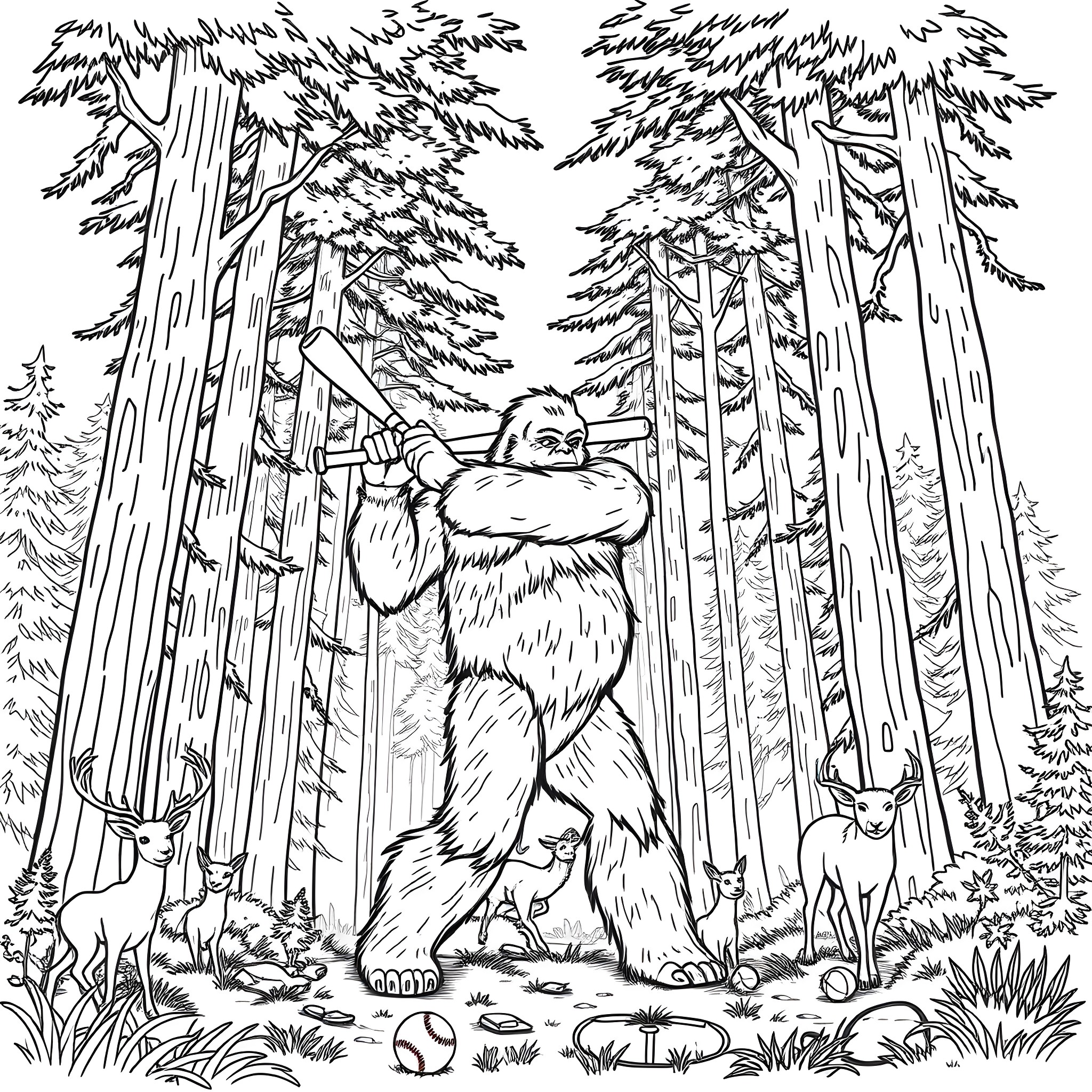Bigfoot exploring the serene forest landscape Coloring Page (free black-and-white line drawing printable PDF for all, from beginners to advanced learners, including children, teens, adults, and seniors)