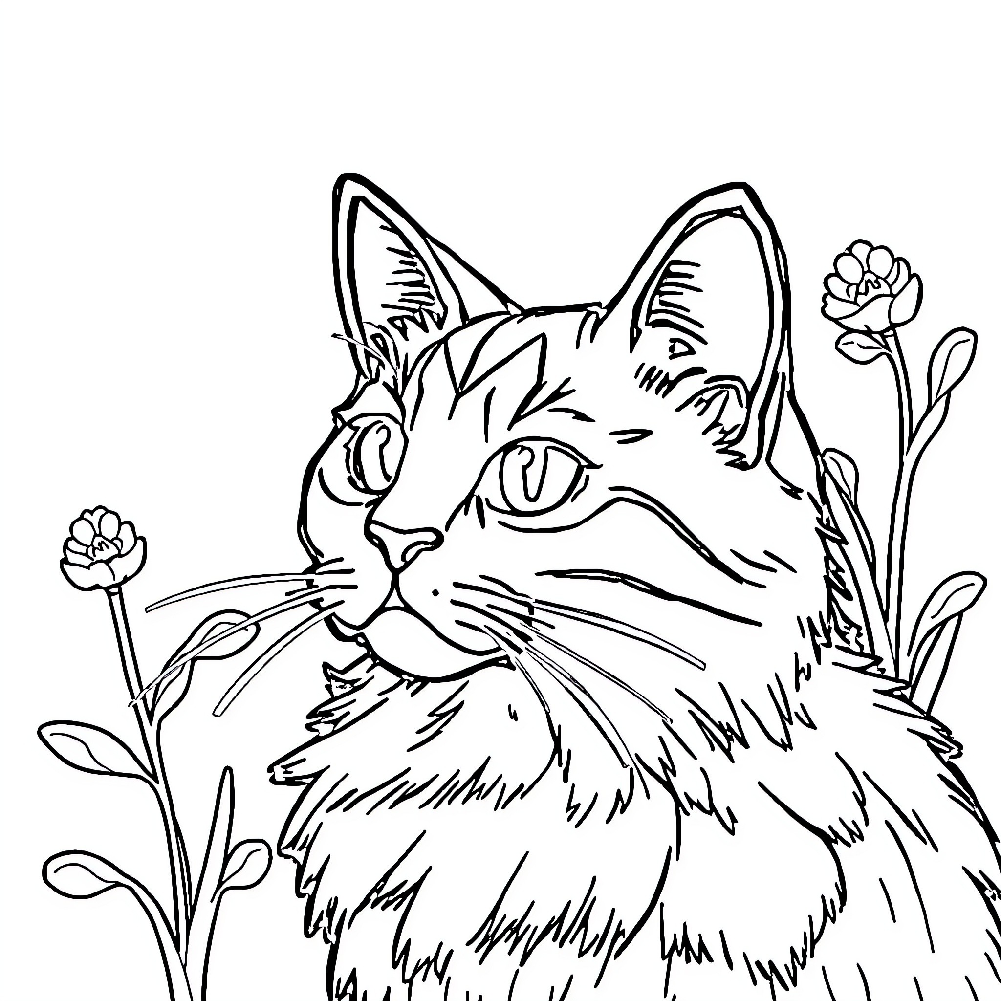 Patterns of a Curious Cat among Blooming Flowers Coloring Page (free black-and-white line drawing printable PDF for all, from beginners to advanced learners, including children, teens, adults, and seniors)