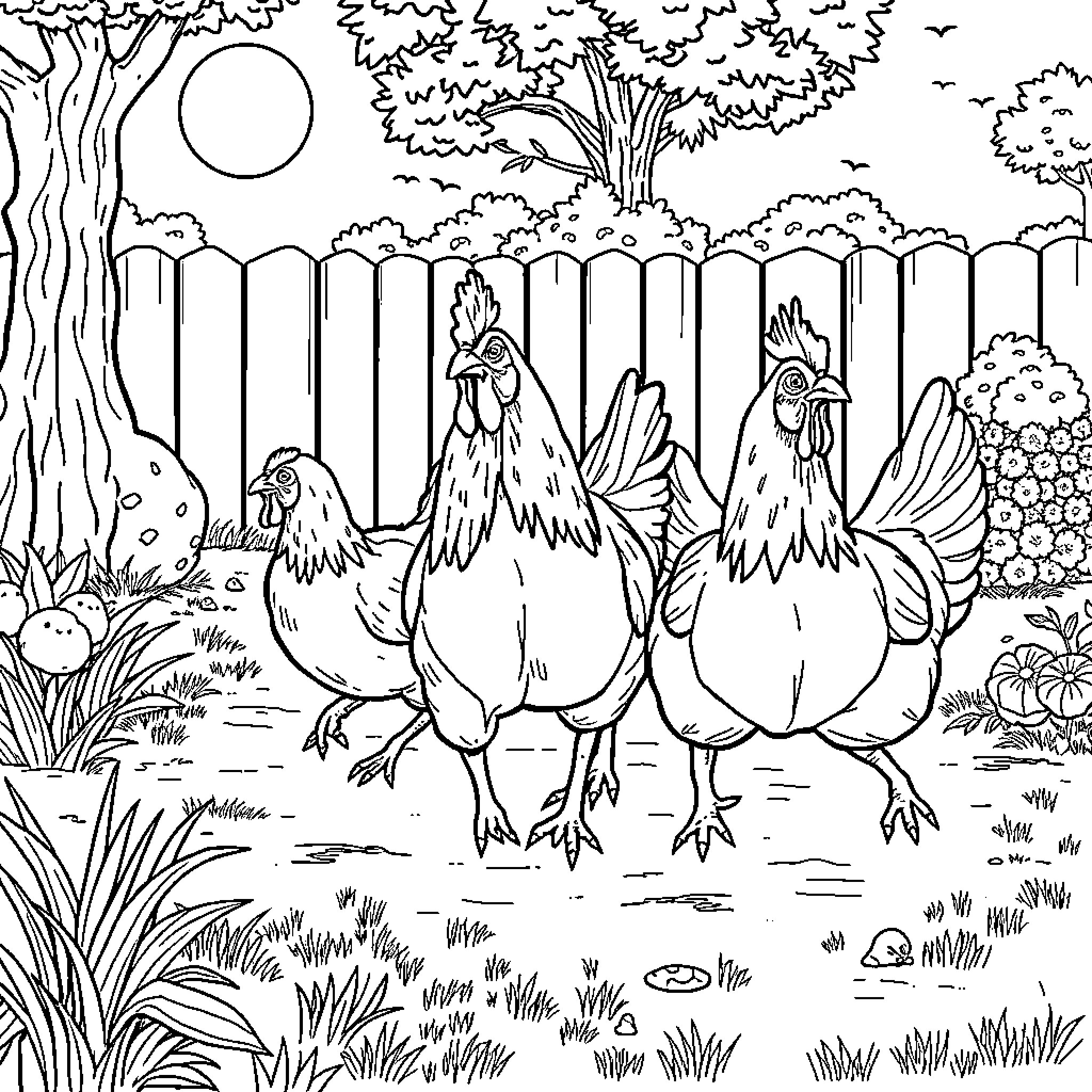 Chickens roaming in a pastoral scene Coloring Page (free black-and-white line drawing printable PDF for all, from beginners to advanced learners, including children, teens, adults, and seniors)