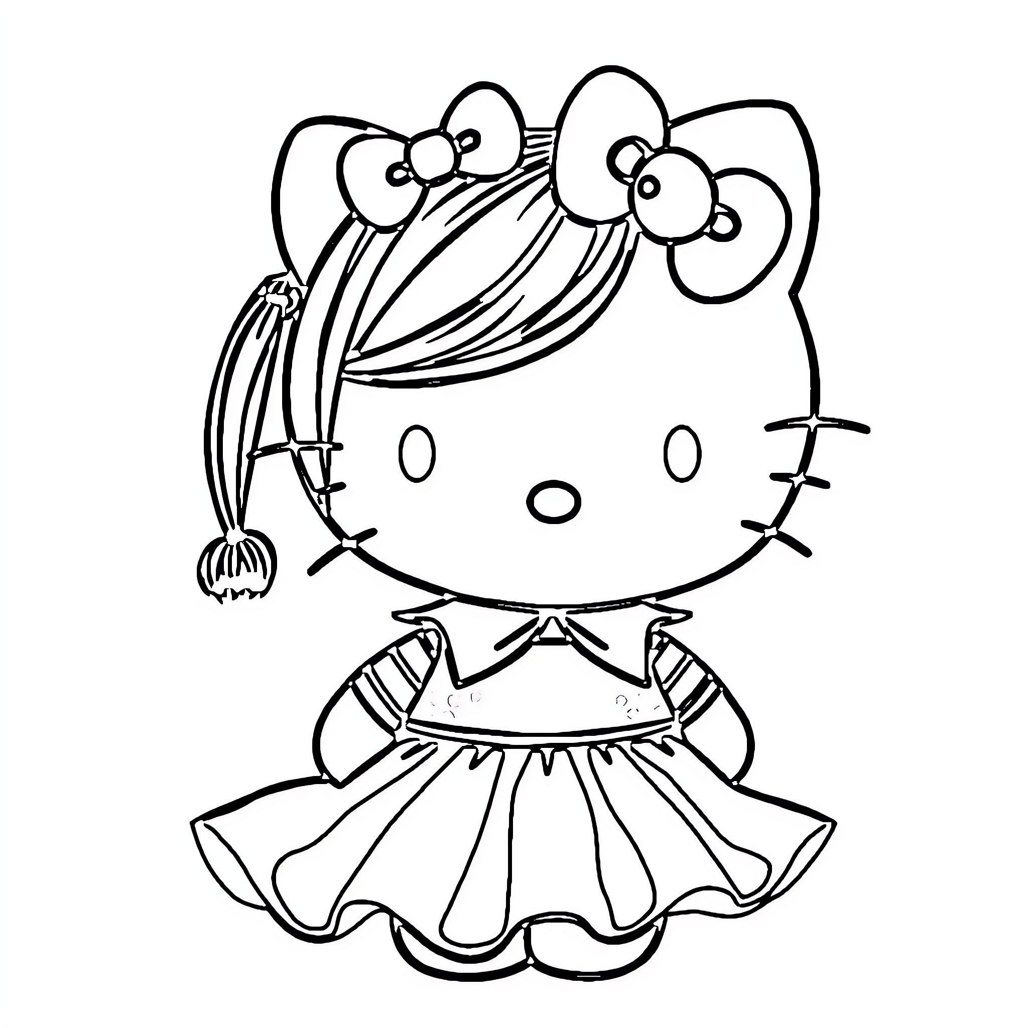 Hello Kitty in a Frilly Dress Coloring Page (free black-and-white line drawing printable PDF for all, from beginners to advanced learners, including children, teens, adults, and seniors)