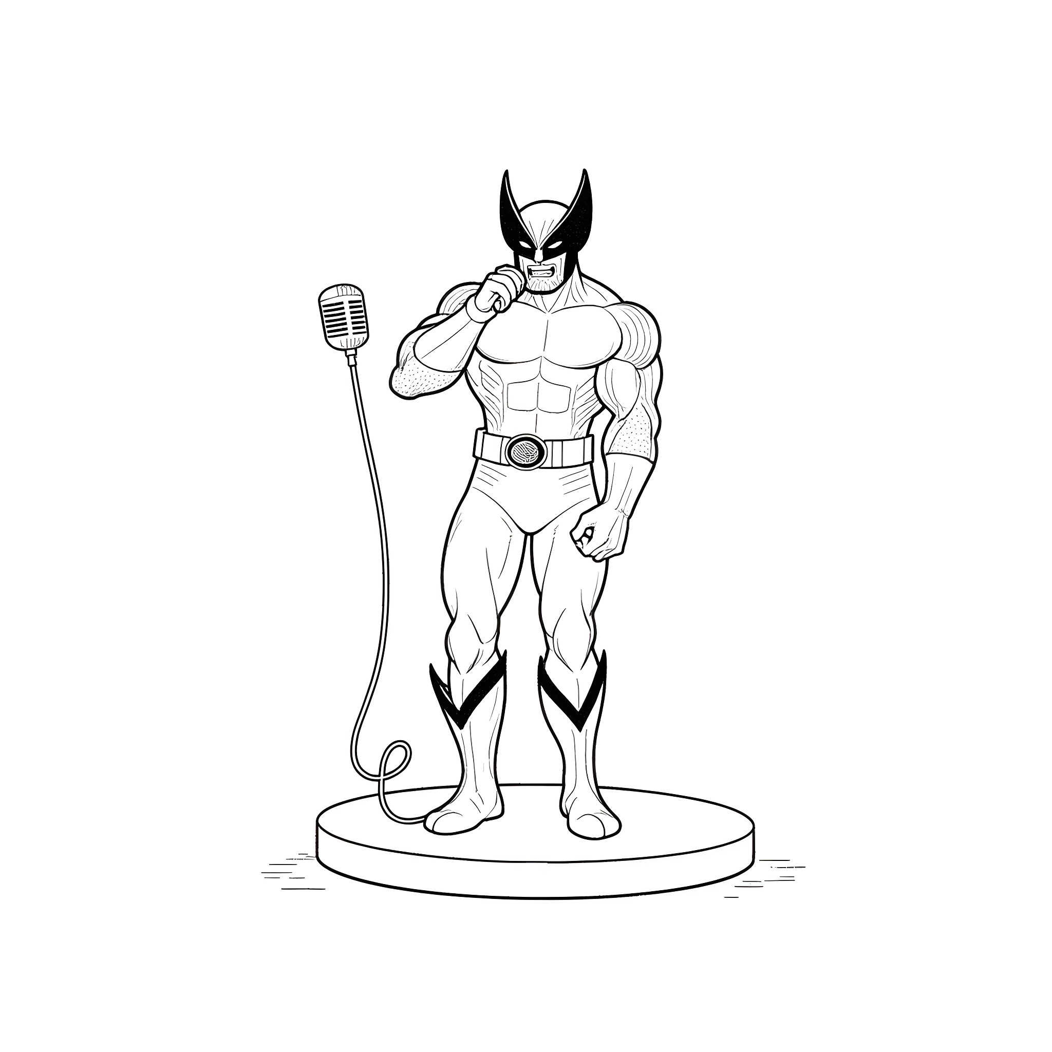 Wolverine standing tall in heroic pose Coloring Page (free black-and-white line drawing printable PDF for all, from beginners to advanced learners, including children, teens, adults, and seniors)