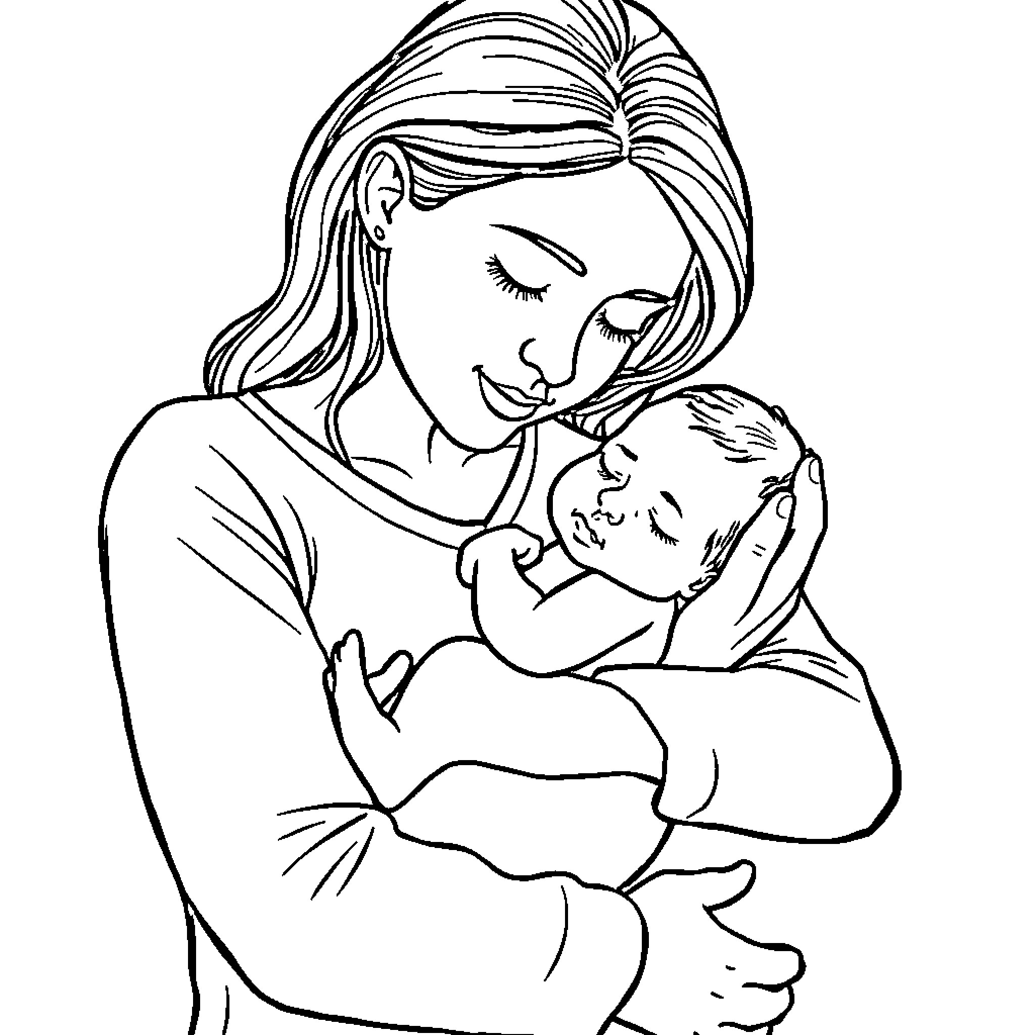 Mom cradling and comforting baby in her arms Coloring Page (free black-and-white line drawing printable PDF for all, from beginners to advanced learners, including children, teens, adults, and seniors)