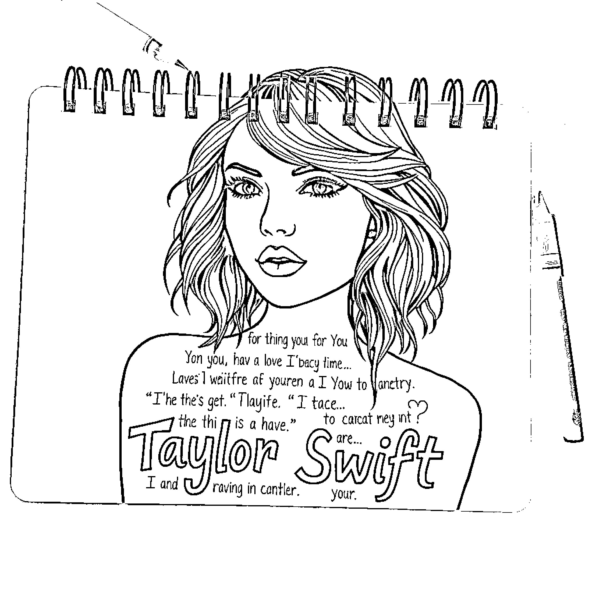 Taylor Swift portrait with inspirational lyrics Coloring Page (free black-and-white line drawing printable PDF for all, from beginners to advanced learners, including children, teens, adults, and seniors)
