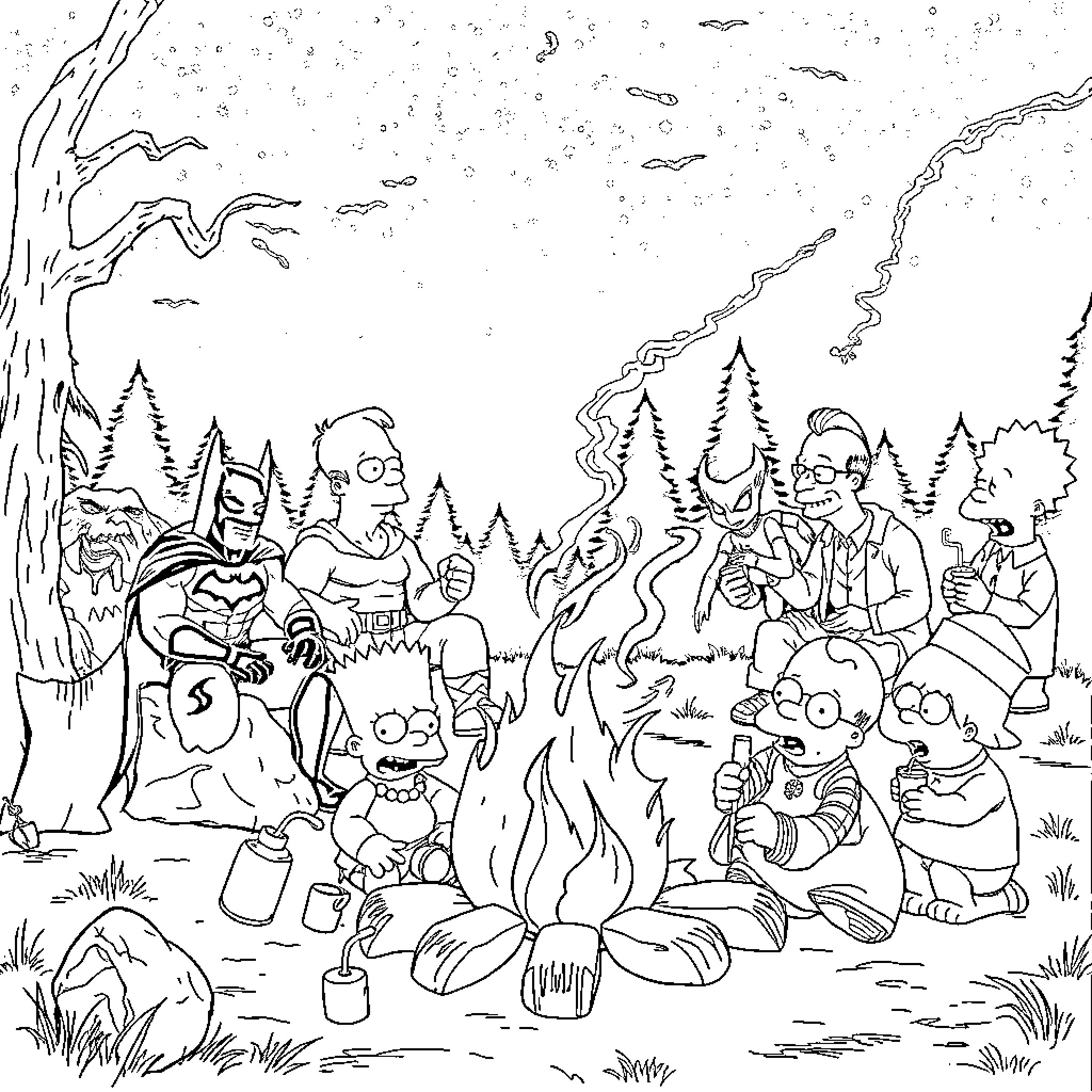 Superhero family enjoying campfire in the woods Coloring Page (free black-and-white line drawing printable PDF for all, from beginners to advanced learners, including children, teens, adults, and seniors)