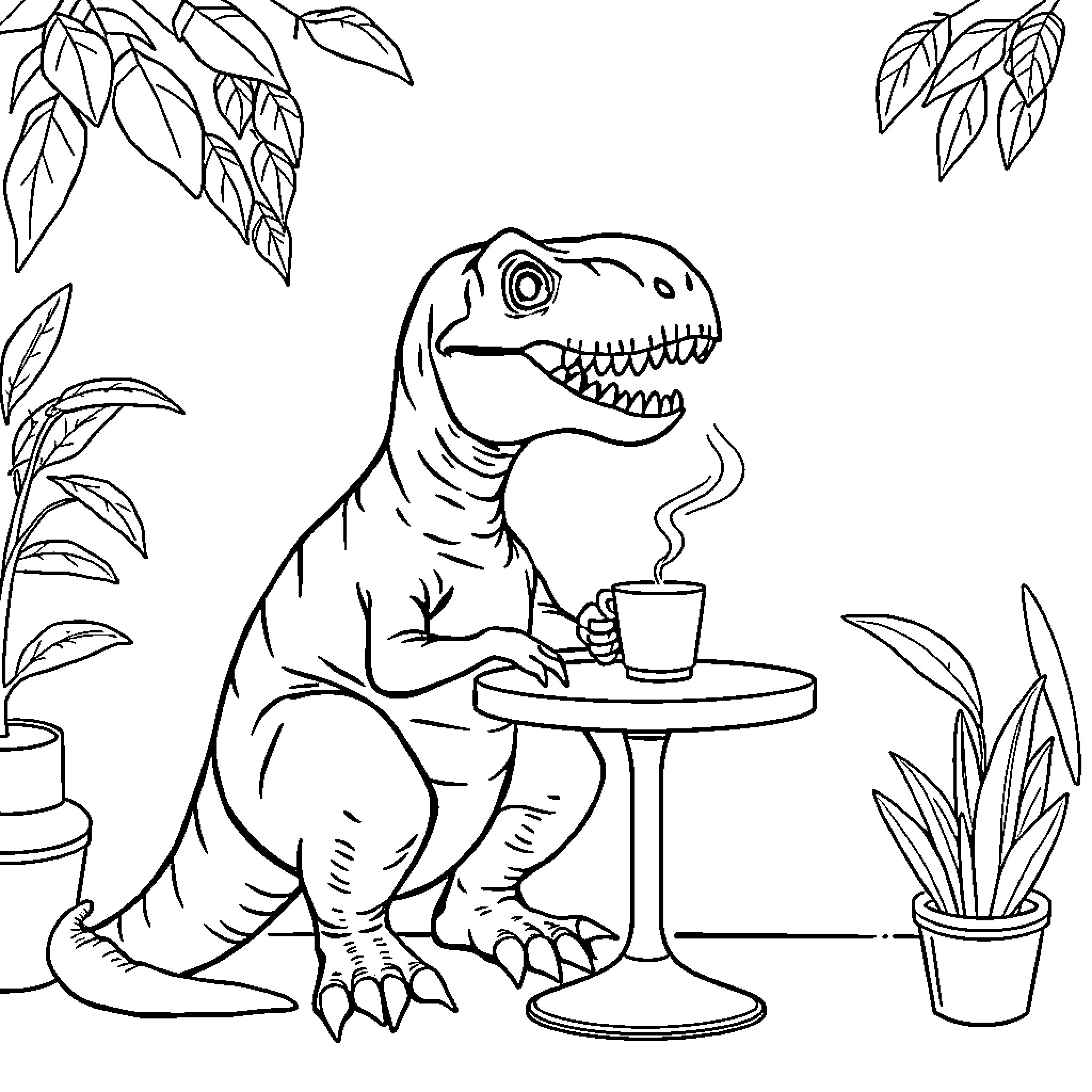T-Rex enjoying a hot beverage in nature Coloring Page (free black-and-white line drawing printable PDF for all, from beginners to advanced learners, including children, teens, adults, and seniors)
