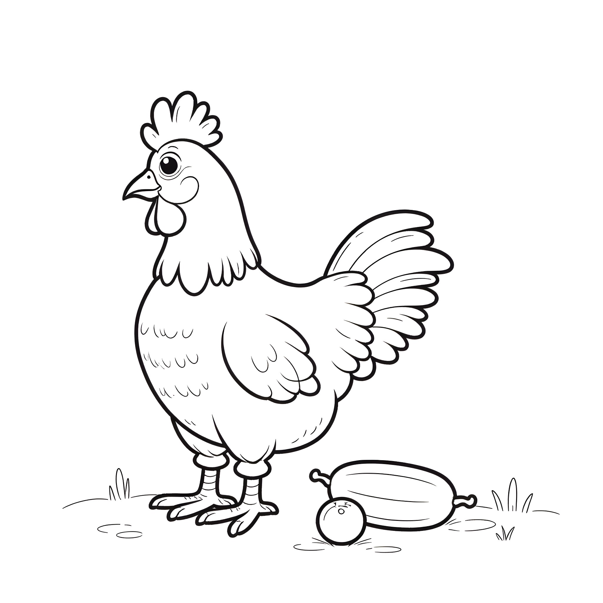 Chicken exploring the farmyard Coloring Page (free black-and-white line drawing printable PDF for all, from beginners to advanced learners, including children, teens, adults, and seniors)