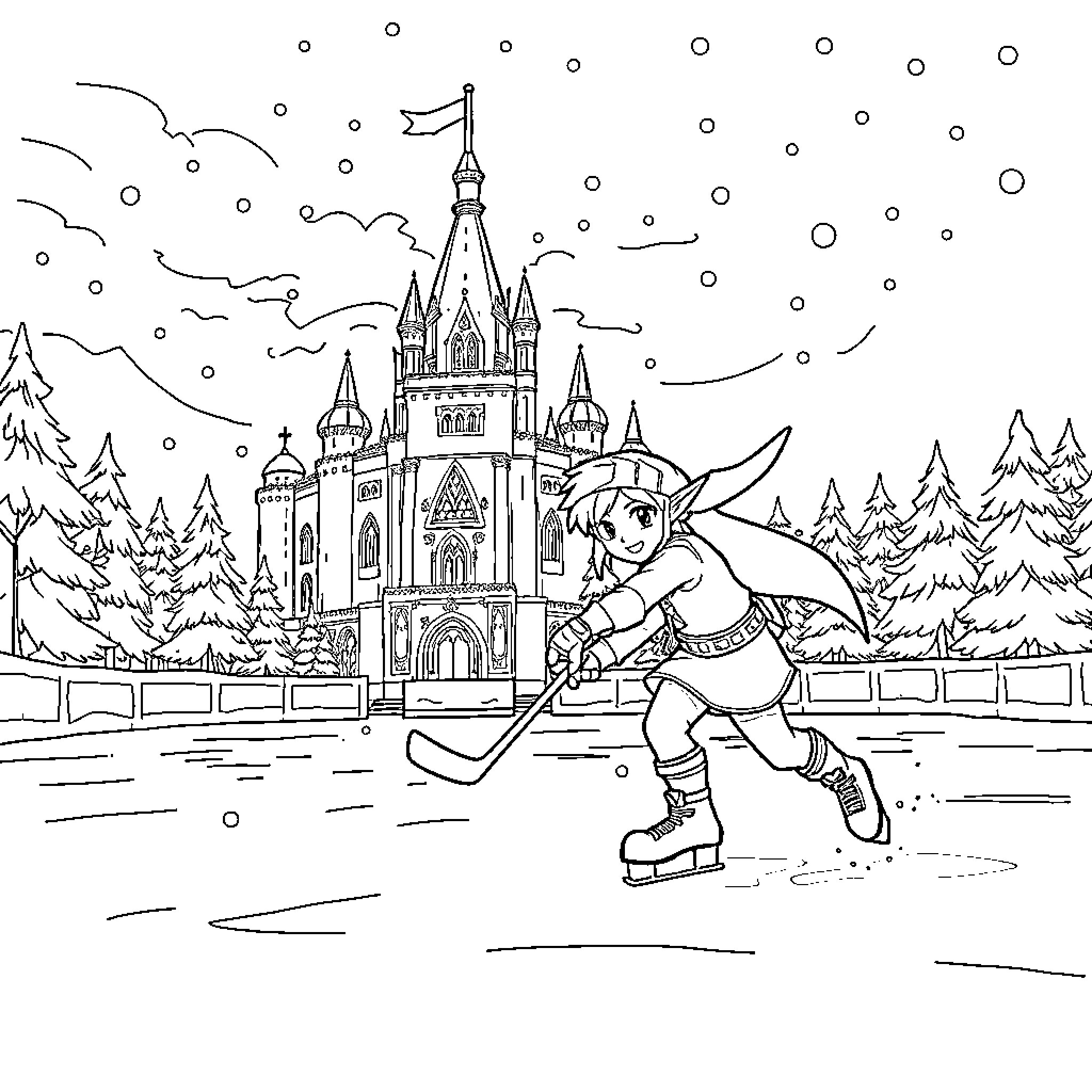Link Skating in the Winter Castle Coloring Page (free black-and-white line drawing printable PDF for all, from beginners to advanced learners, including children, teens, adults, and seniors)