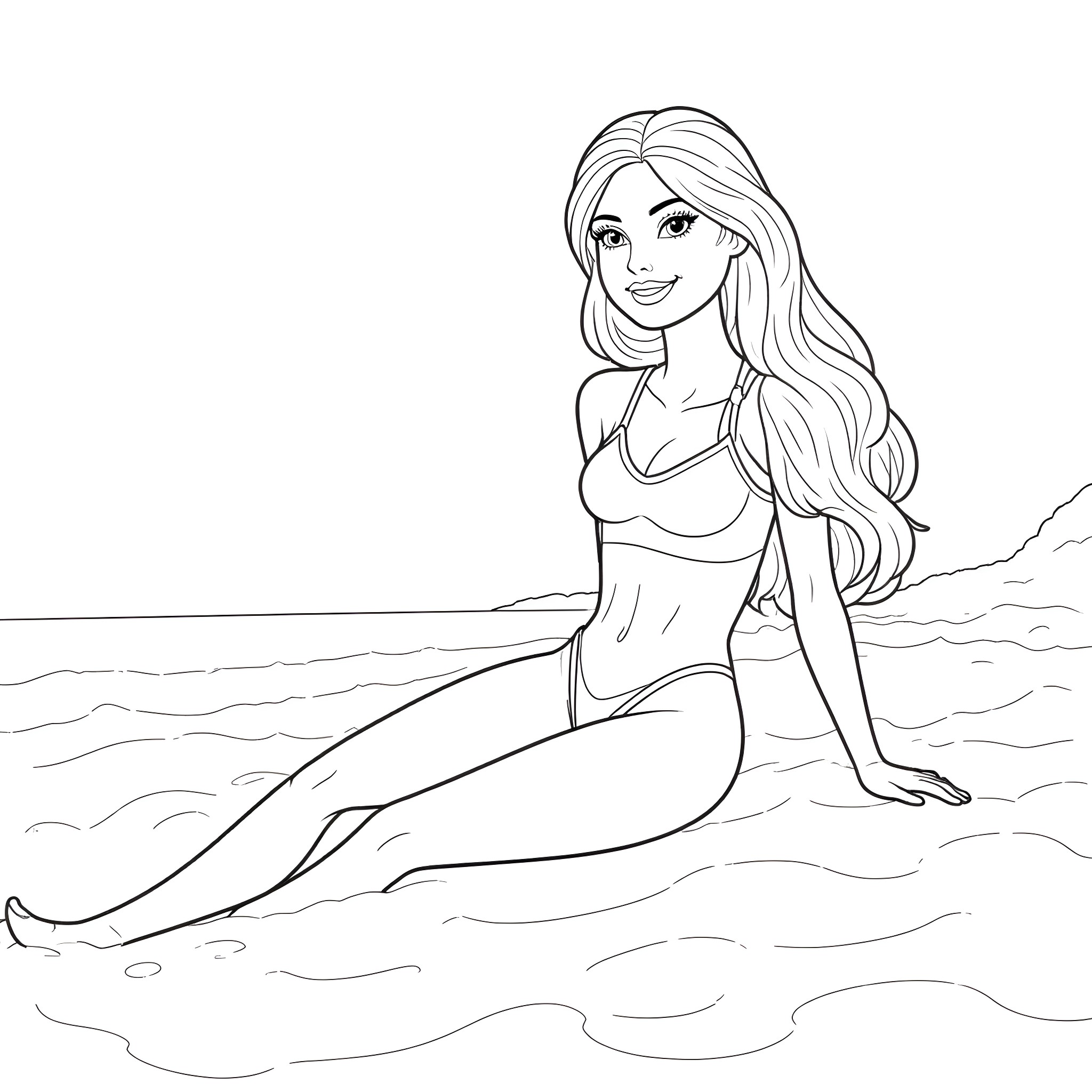 Barbie enjoying the beach in her swimsuit Coloring Page (free black-and-white line drawing printable PDF for all, from beginners to advanced learners, including children, teens, adults, and seniors)