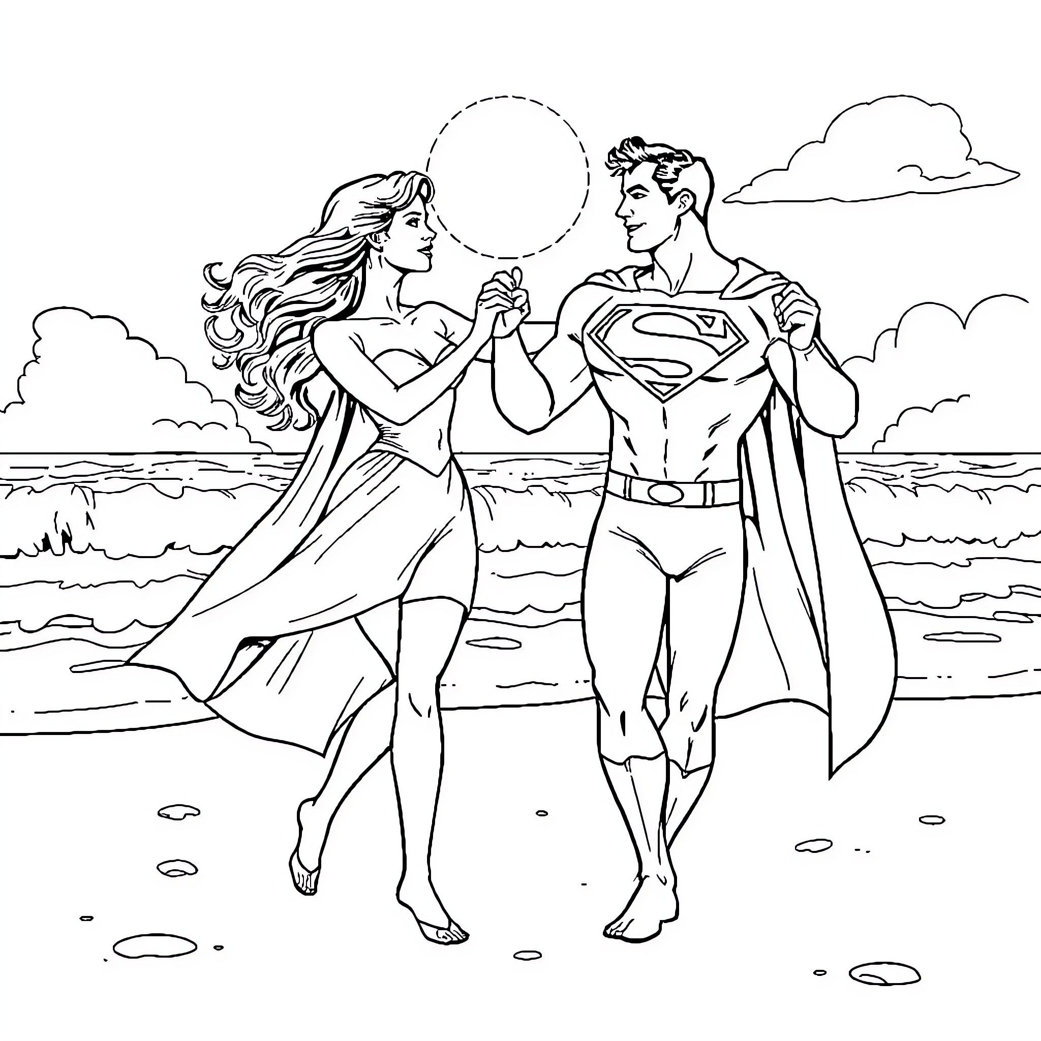 Superman and Wonder Woman Embrace on the Beach Coloring Page (free black-and-white line drawing printable PDF for all, from beginners to advanced learners, including children, teens, adults, and seniors)
