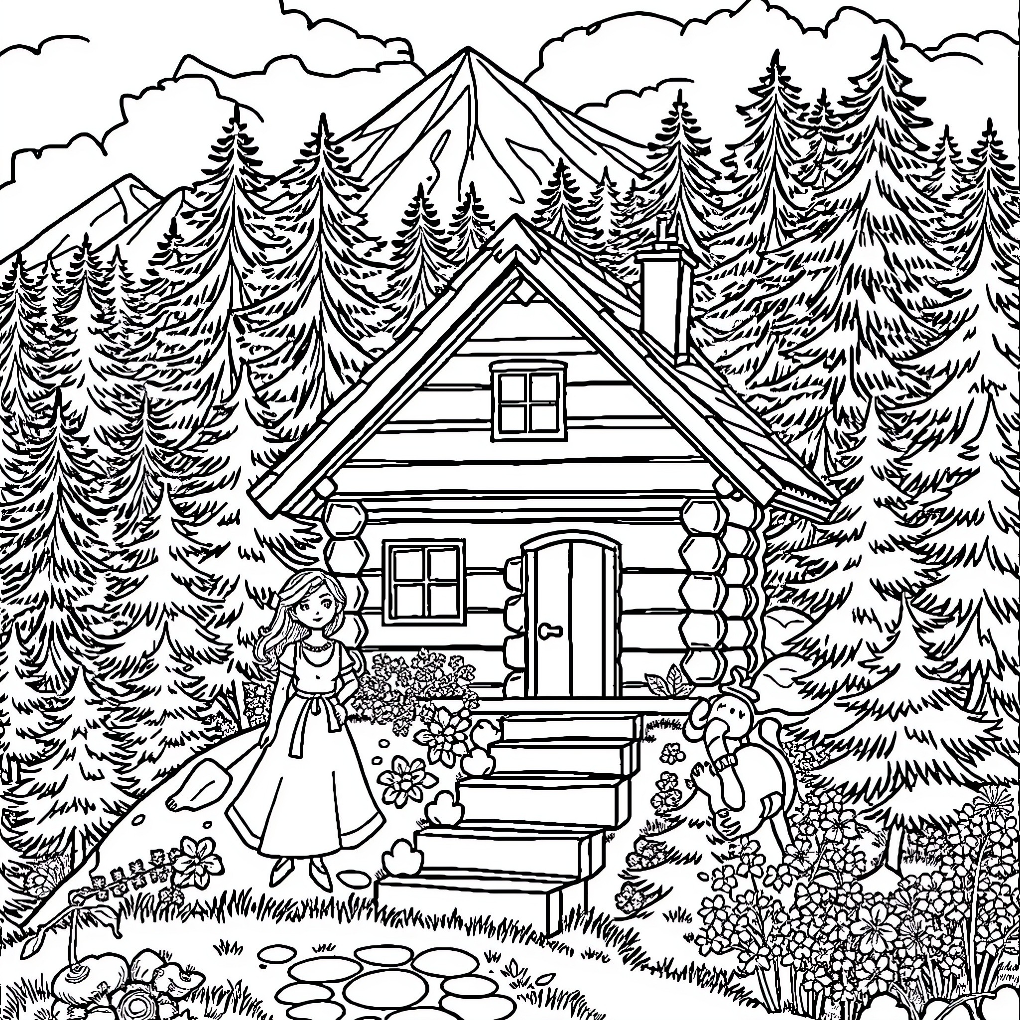 House in a Peaceful Mountain Landscape Coloring Page (free black-and-white line drawing printable PDF for all, from beginners to advanced learners, including children, teens, adults, and seniors)