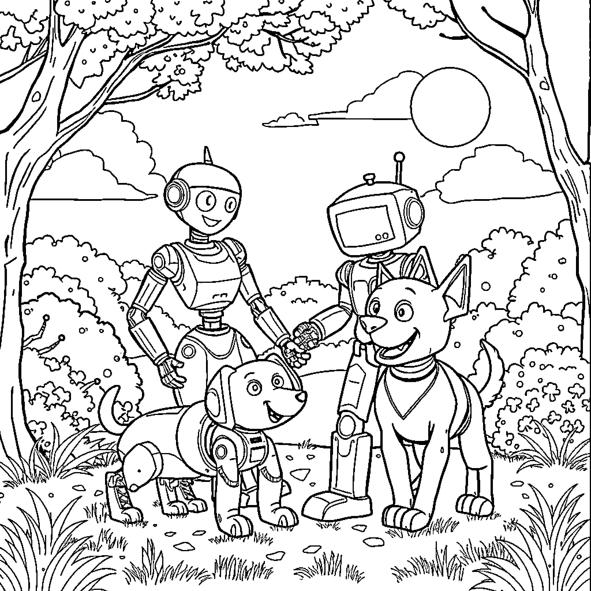 Robot companions exploring a natural outdoor scene Coloring Page (free black-and-white line drawing printable PDF for all, from beginners to advanced learners, including children, teens, adults, and seniors)