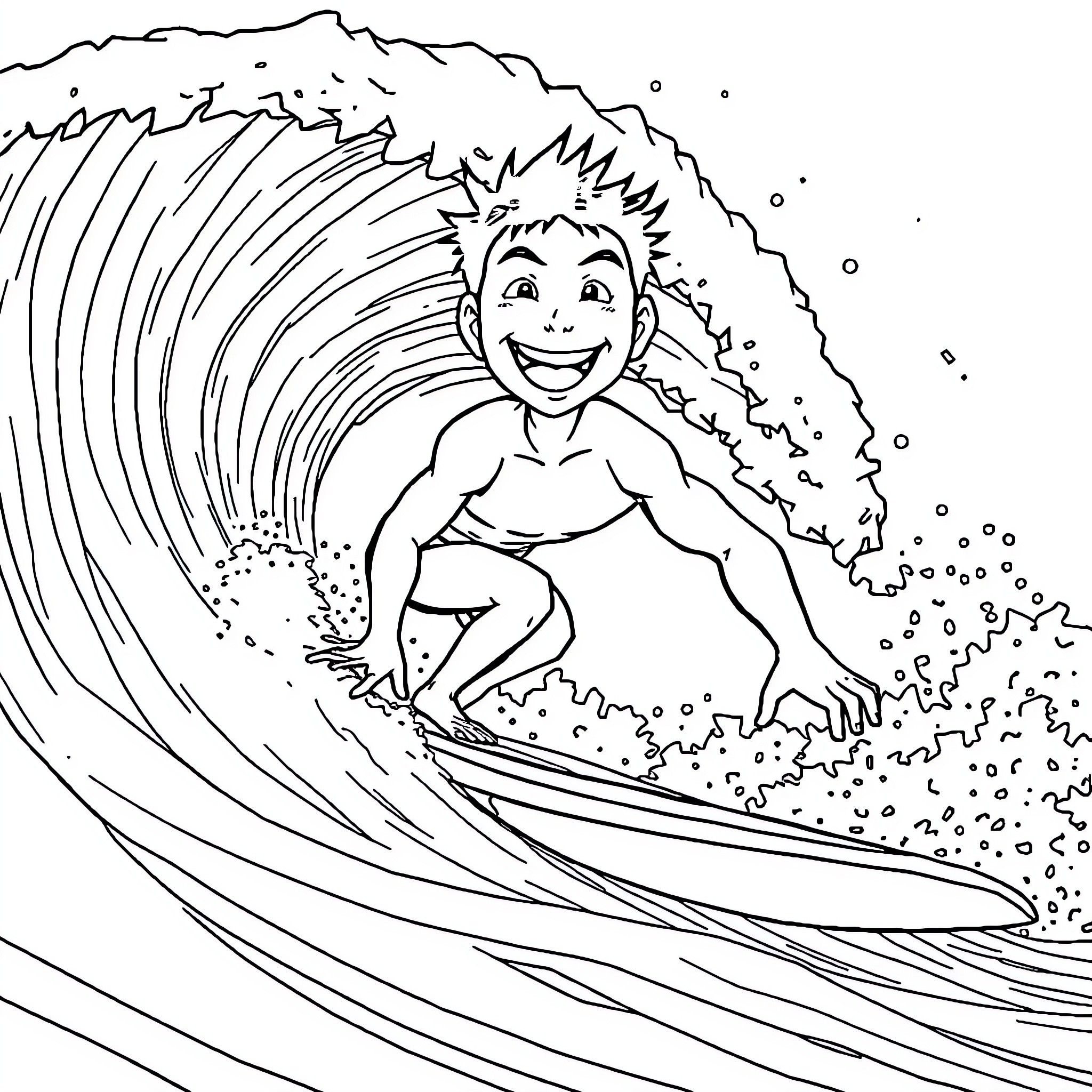 Kamado Tanjiro surfing in the waves Coloring Page (free black-and-white line drawing printable PDF for all, from beginners to advanced learners, including children, teens, adults, and seniors)