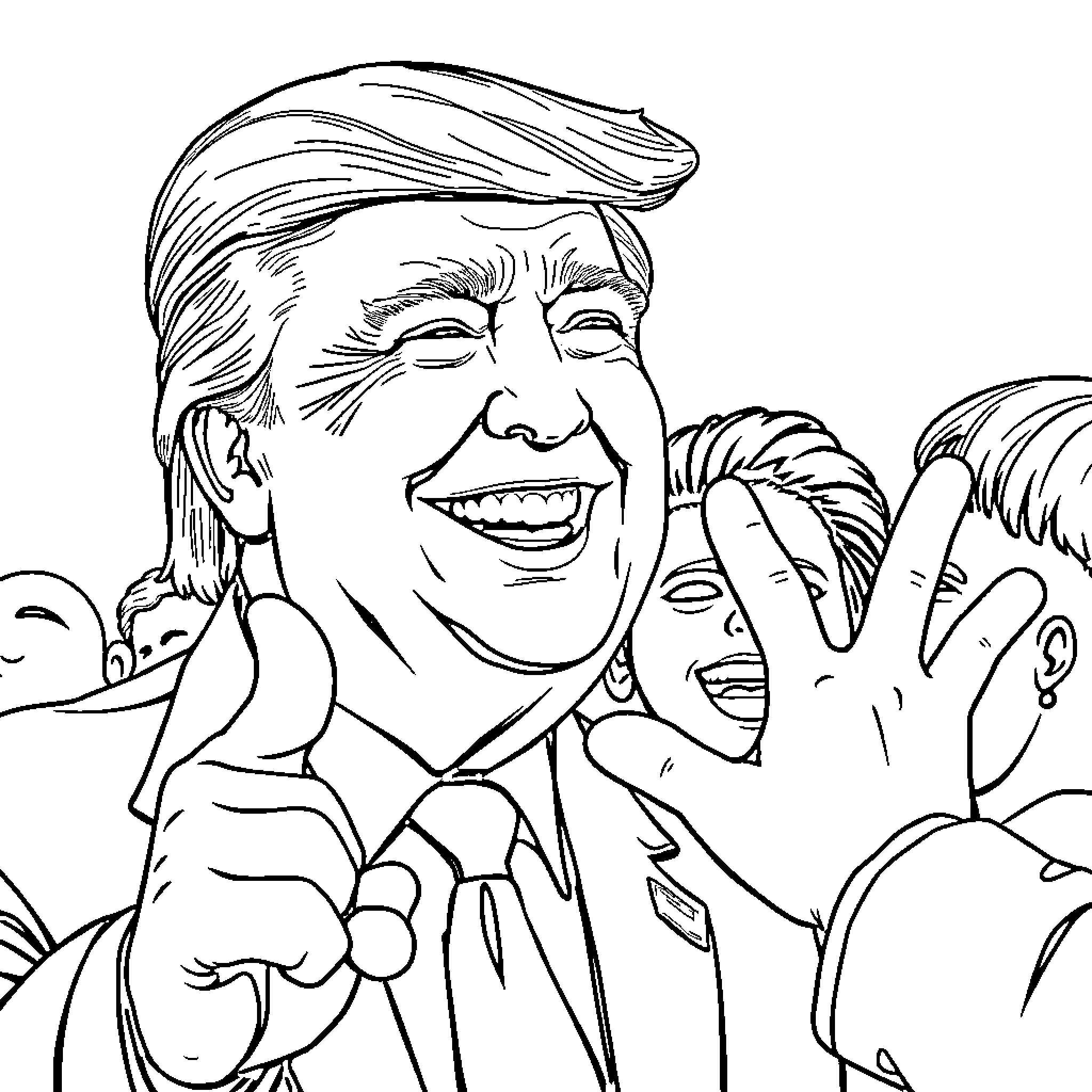 Donald Trump in an expressive, enthusiastic pose Coloring Page (free black-and-white line drawing printable PDF for all, from beginners to advanced learners, including children, teens, adults, and seniors)