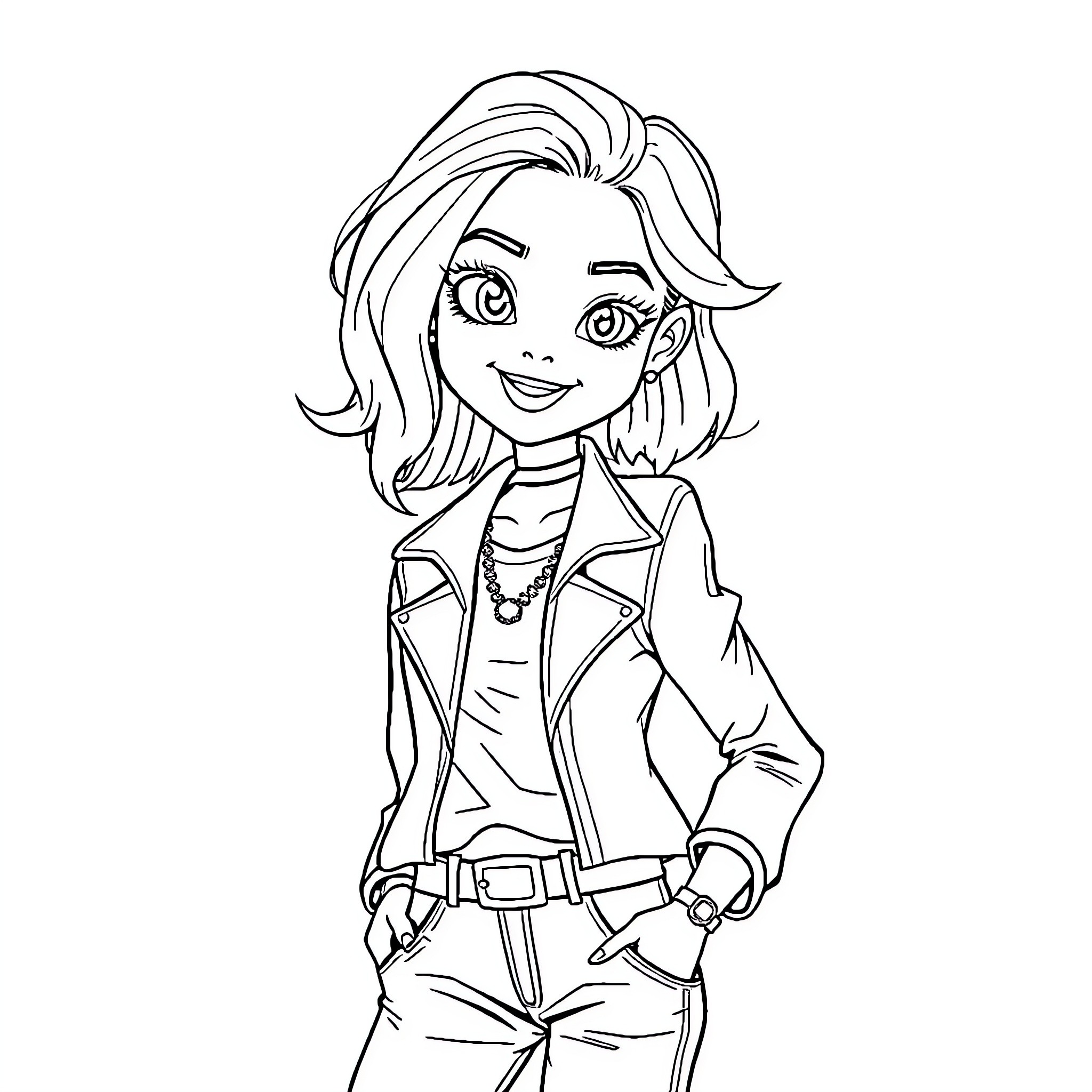 Girl in stylish casual outfit with confident expression Coloring Page (free black-and-white line drawing printable PDF for all, from beginners to advanced learners, including children, teens, adults, and seniors)