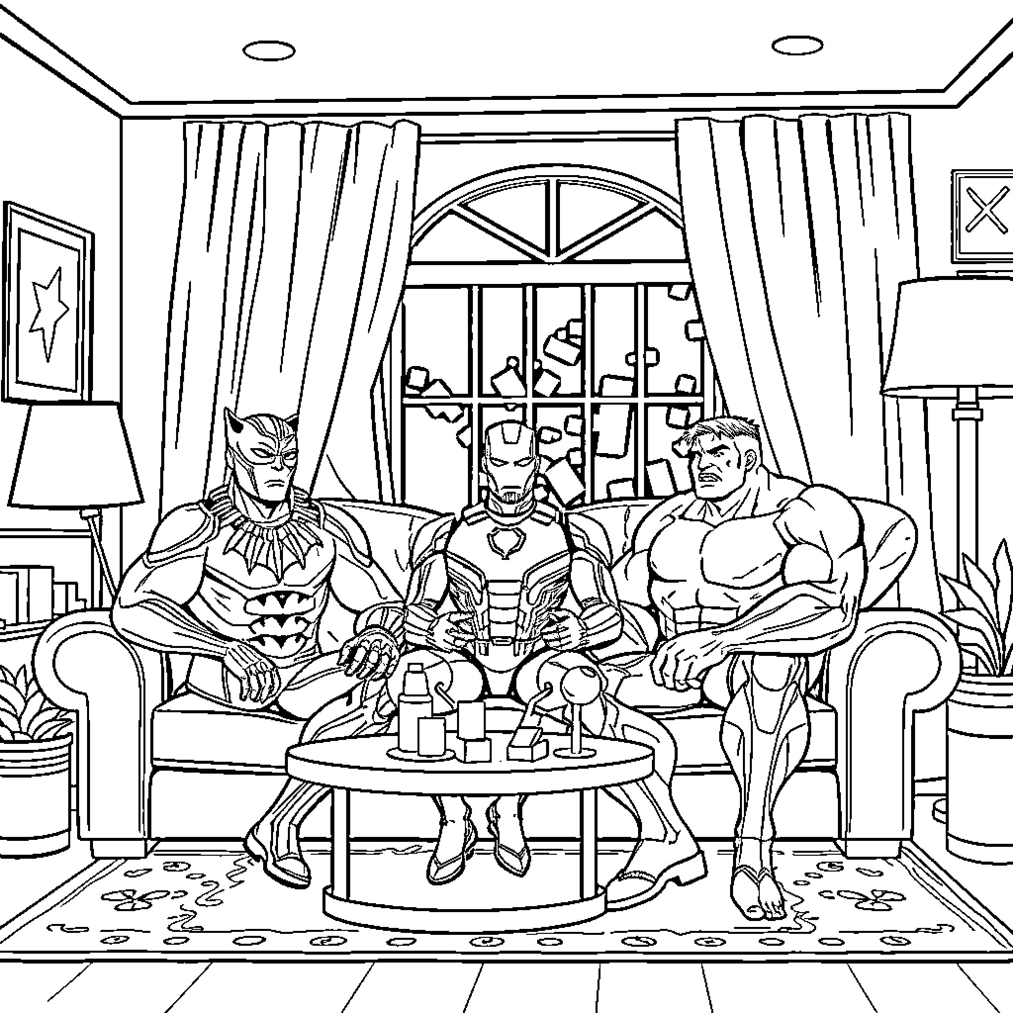 Superheroes relaxing in the living room Coloring Page (free black-and-white line drawing printable PDF for all, from beginners to advanced learners, including children, teens, adults, and seniors)