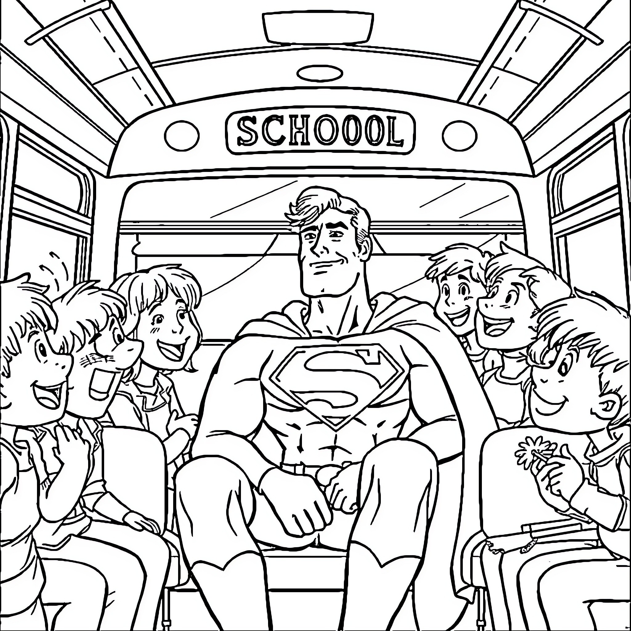 Superman Riding a School Bus with Students Coloring Page (free black-and-white line drawing printable PDF for all, from beginners to advanced learners, including children, teens, adults, and seniors)