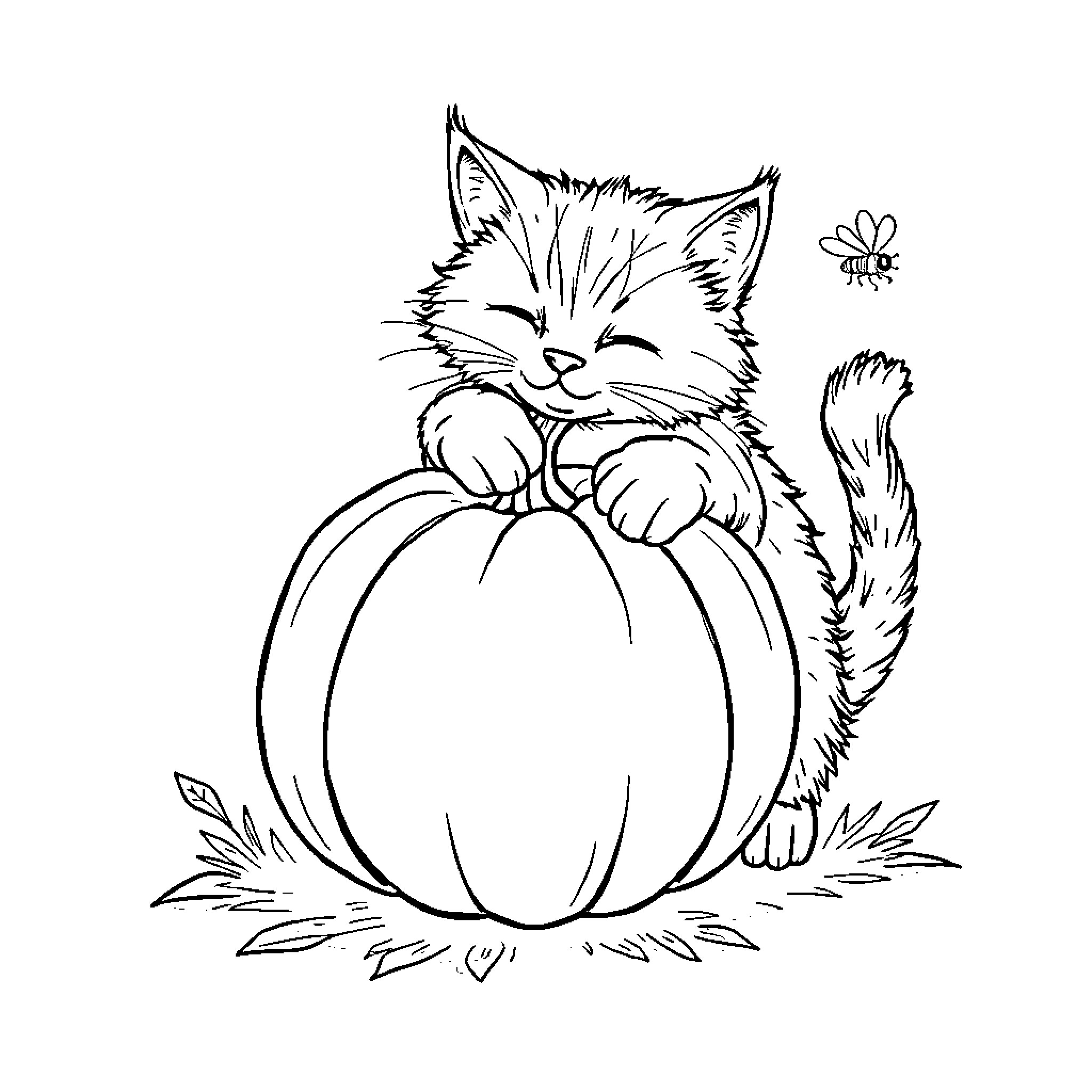 Cat napping on a pumpkin Coloring Page (free black-and-white line drawing printable PDF for all, from beginners to advanced learners, including children, teens, adults, and seniors)