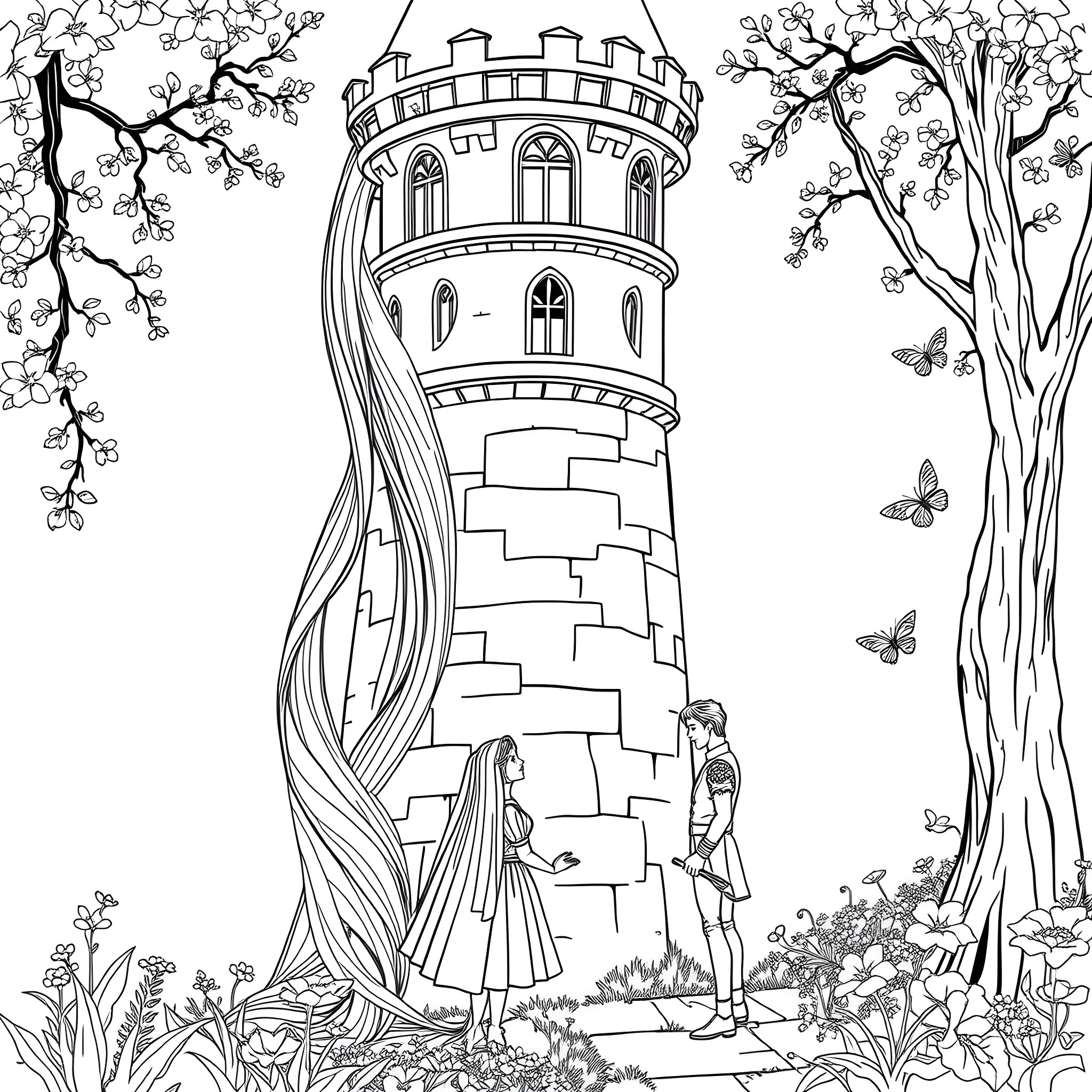 Rapunzel admiring the tower with her long flowing hair Coloring Page (free black-and-white line drawing printable PDF for all, from beginners to advanced learners, including children, teens, adults, and seniors)
